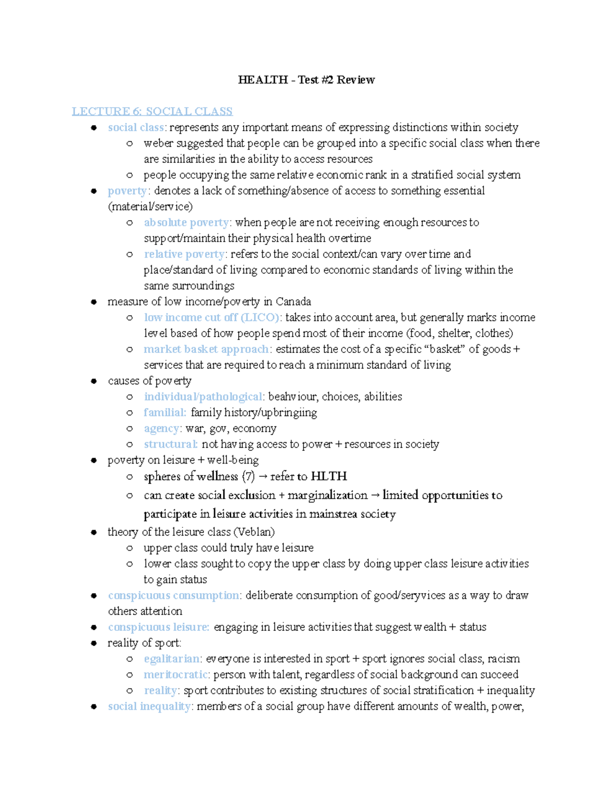 Health Test 2 Review HEALTH Test 2 Review LECTURE 6 SOCIAL