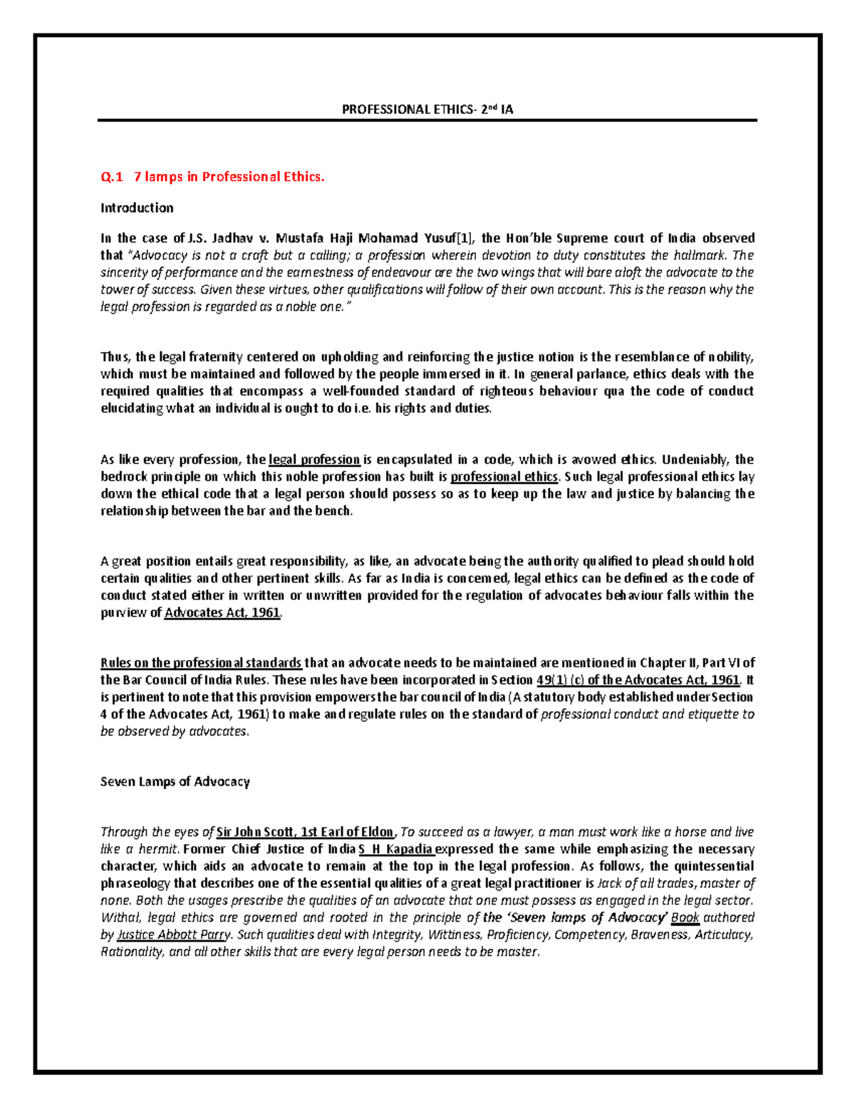 Professionla Ethics 2 nd IA PROFESSIONAL ETHICS 2nd IA Q 7 lamps in