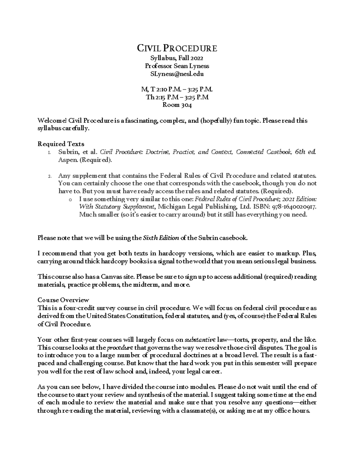 Civ Pro Fall 22 Syllabus PDF - CIVIL PROCEDURE Syllabus, Fall 2022 ...