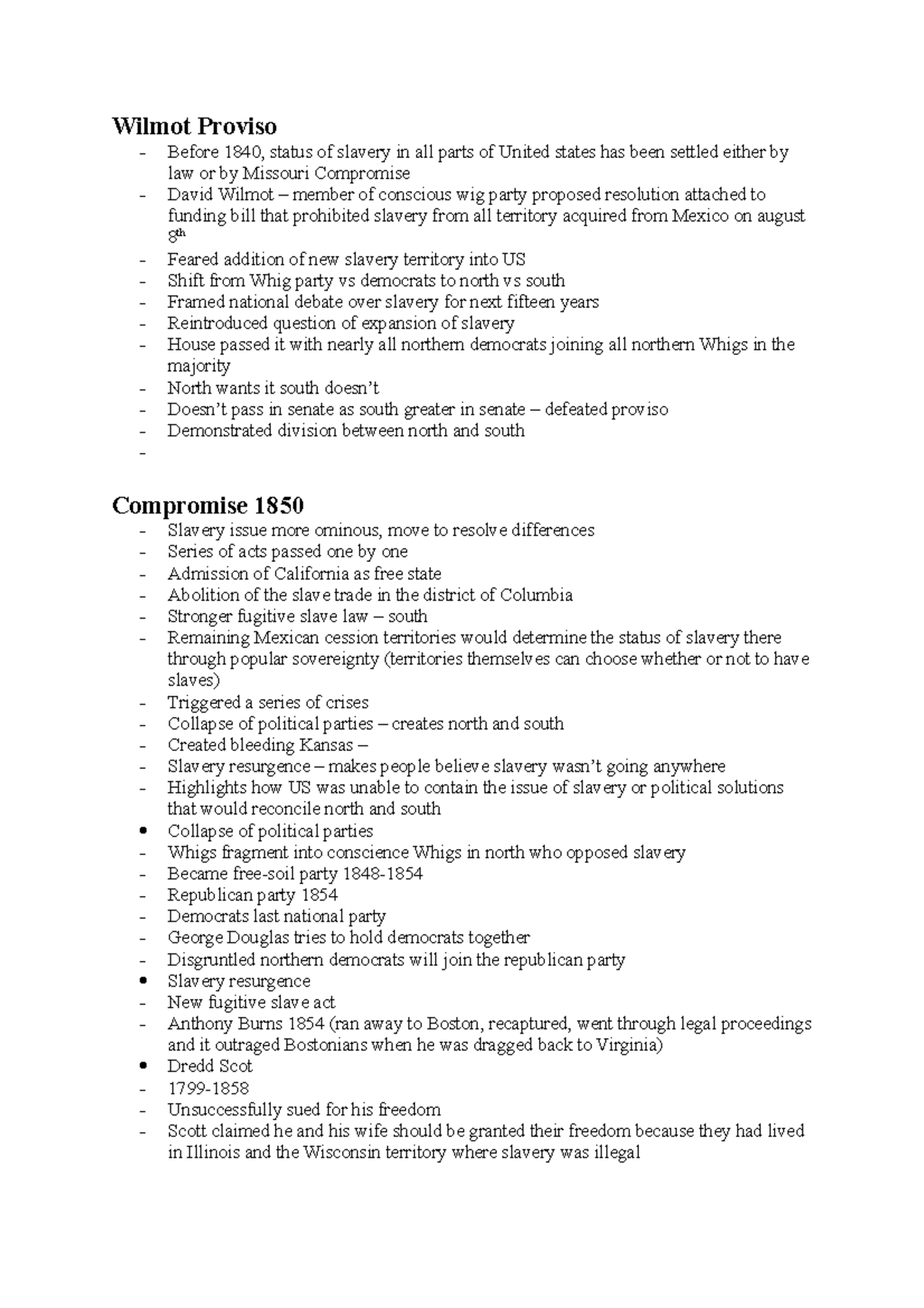 History 1700 notes for final Wilmot Proviso Before 1840, status of