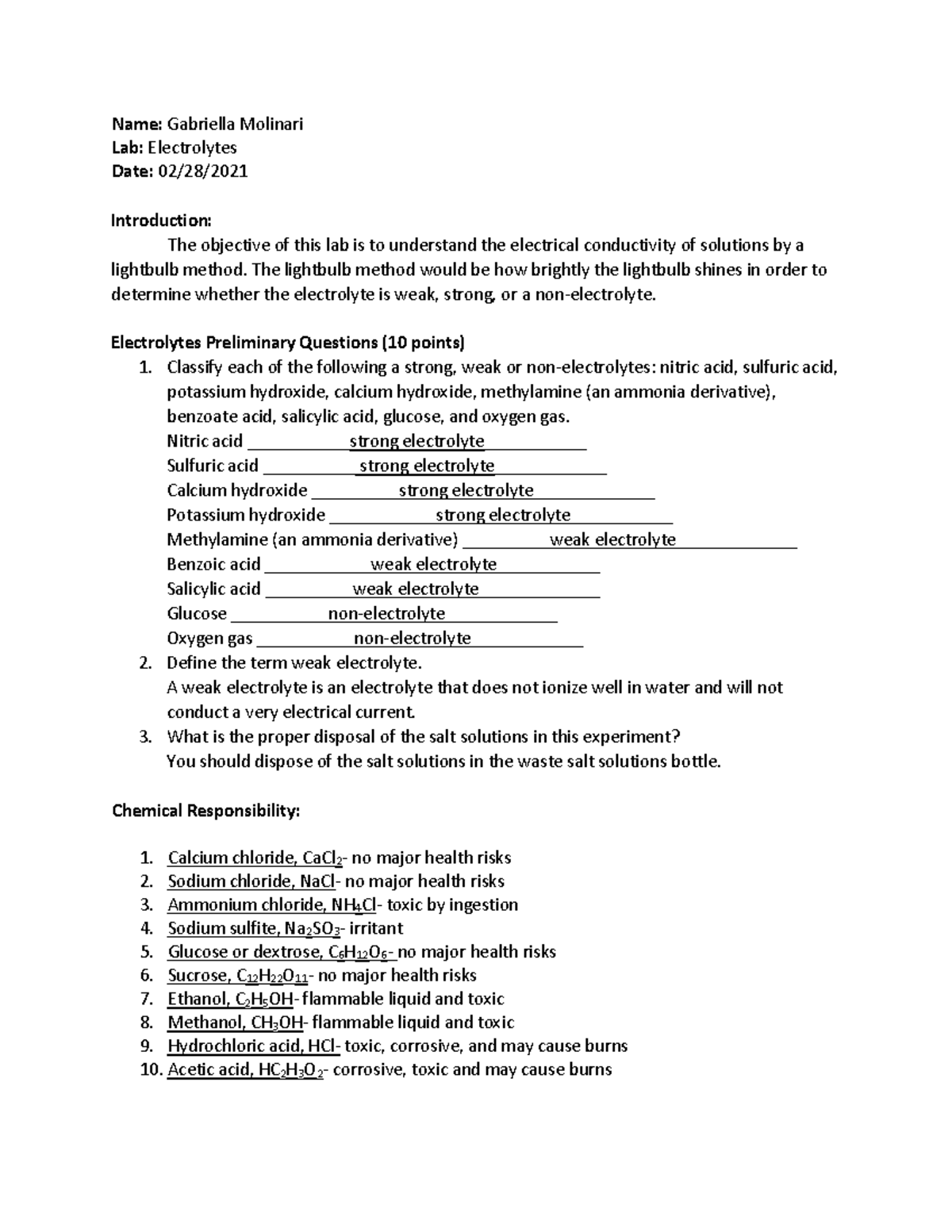 Electrolytes Lab Report Name Gabriella Molinari Lab Electrolytes