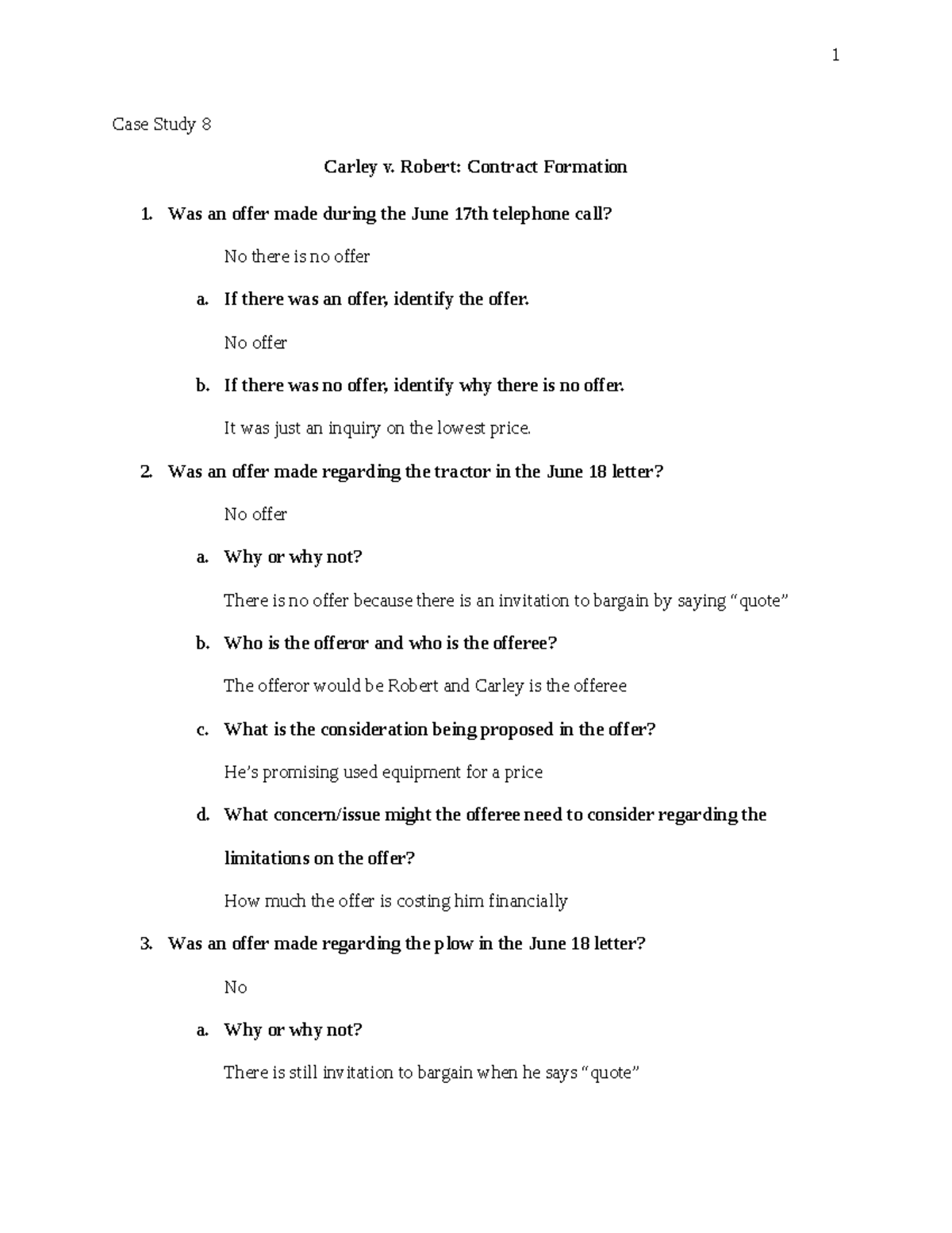 Case Study 8 - Module 8 - 1 Case Study 8 Carley v. Robert: Contract ...