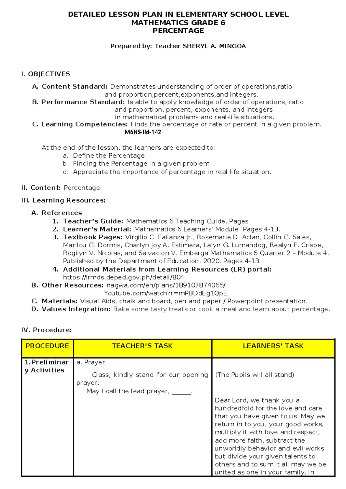 Grade 6 percentage Lesson Plan - DETAILED LESSON PLAN IN ELEMENTARY ...