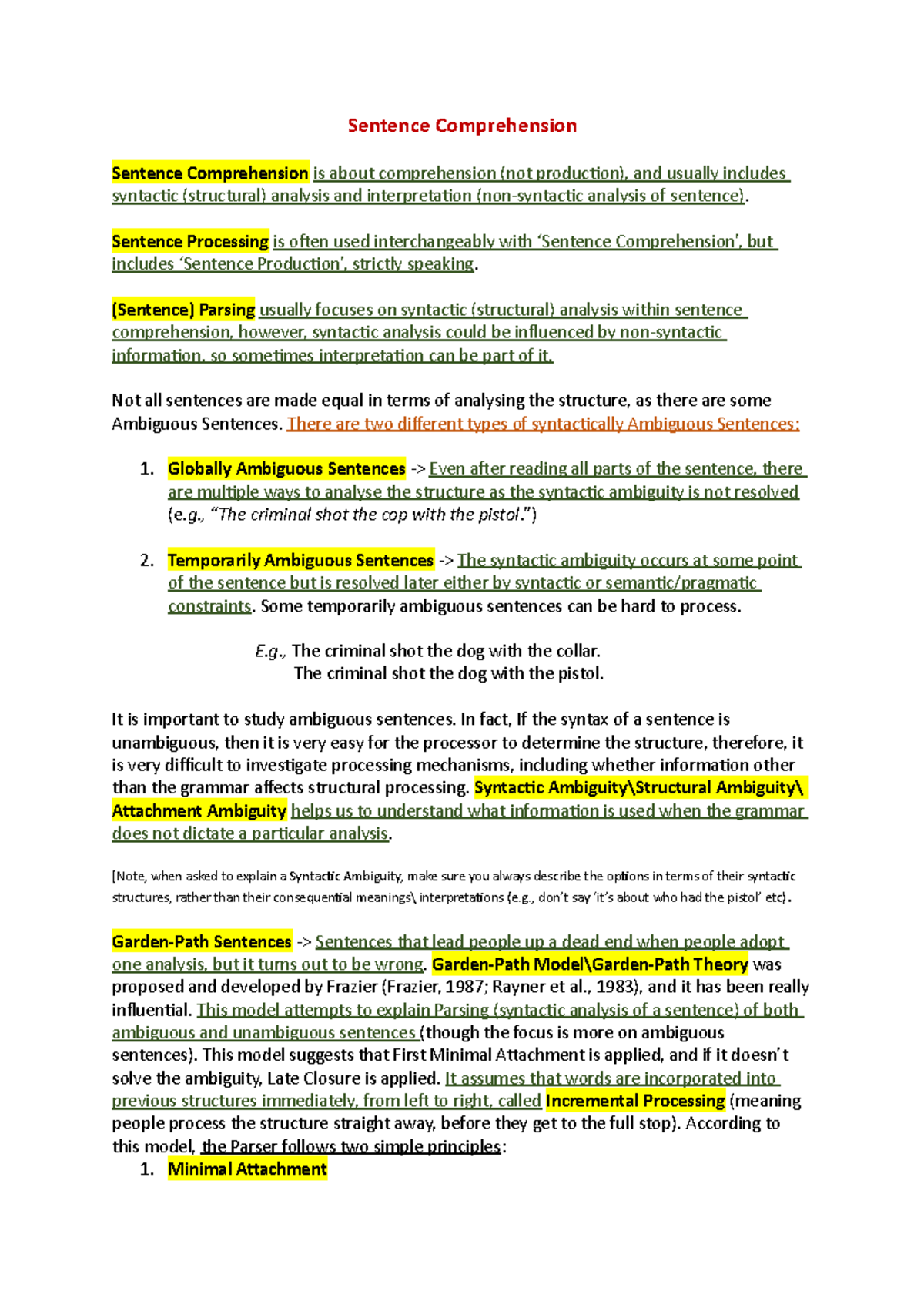 Psychology of Language Lecture 4 Sentence Comprehension Sentence