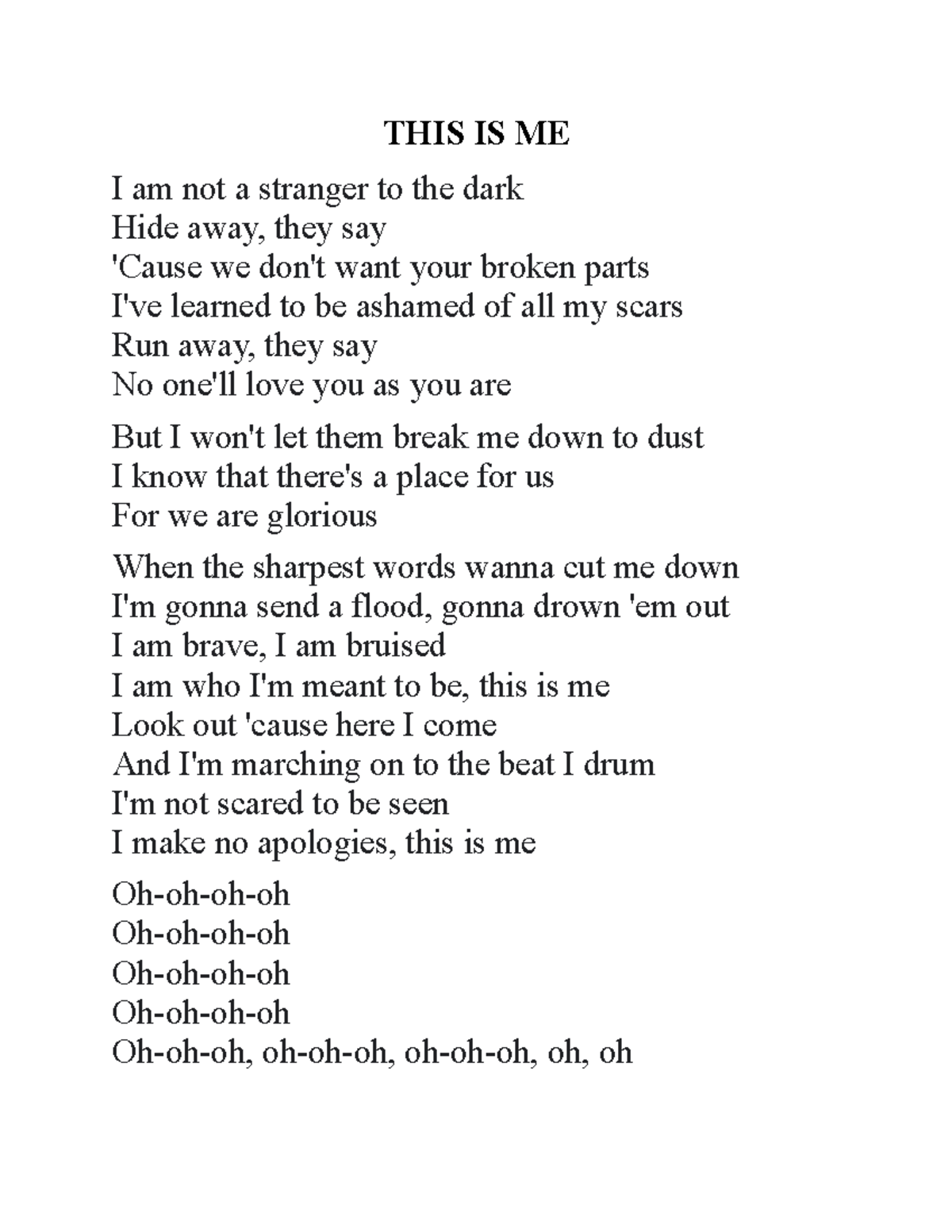 THIS IS ME This is the lyrics THIS IS ME I am not a stranger to the dark Hide away, they say