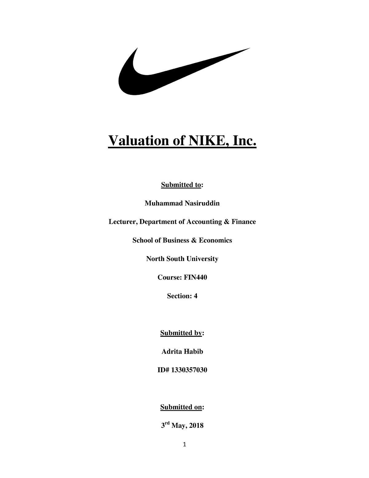 schroef Ophef Afscheiden Valuation of NIKE inc - Submitted to: Muhammad Nasiruddin Lecturer,  Department of Accounting - Studocu