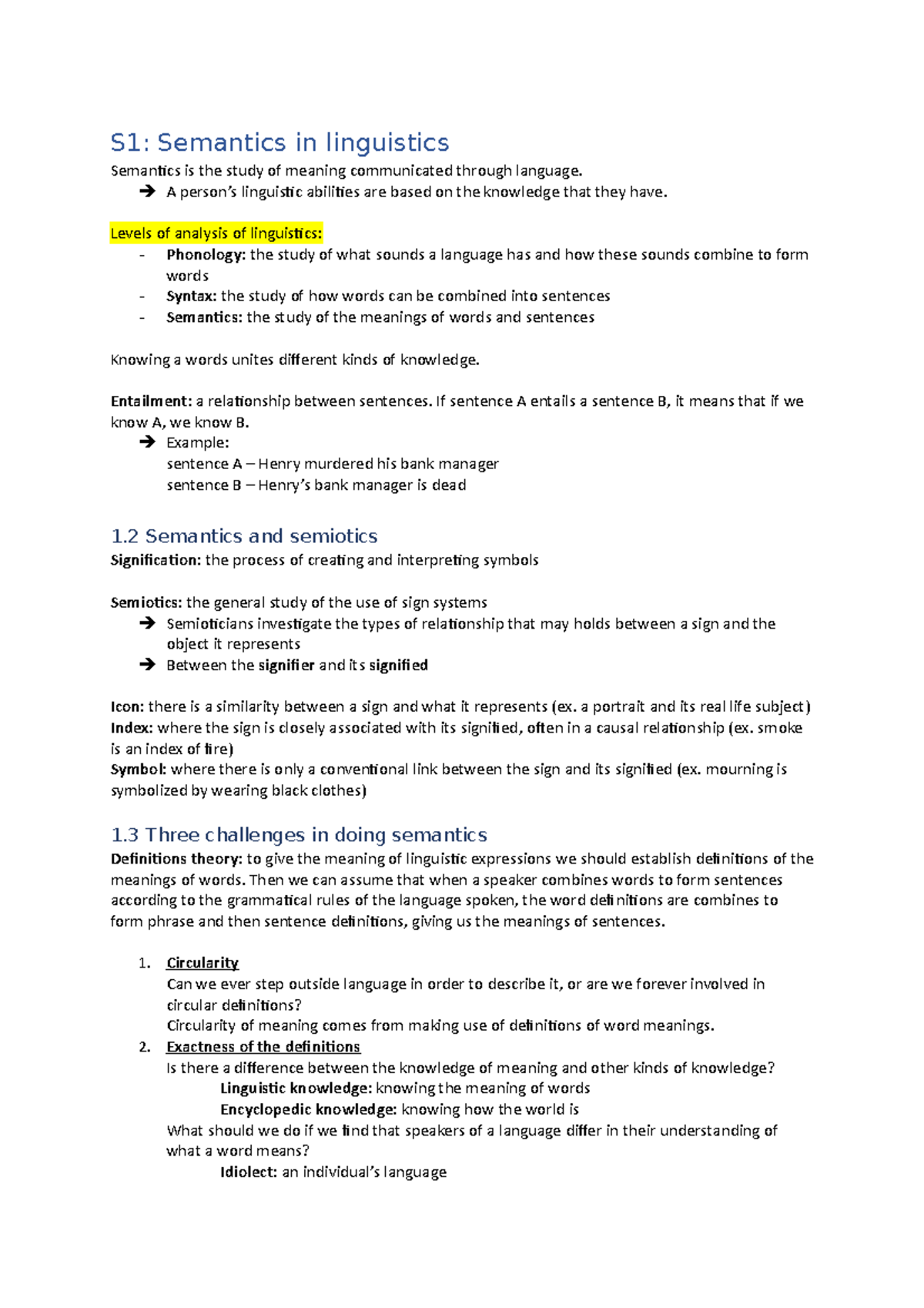 S1 Semantics In Linguistics S1 Semantics In Linguistics Semantics Is The Study Of Meaning Studeersnel