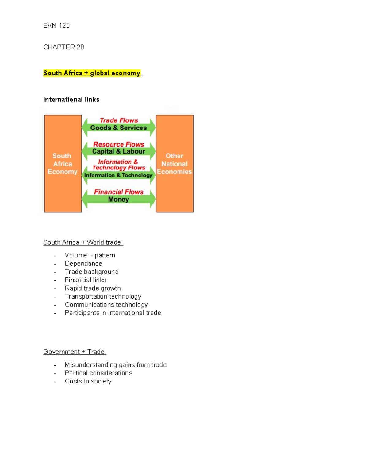 EKN Chapter 20 notes - EKN 120 CHAPTER 20 South Africa + global economy ...