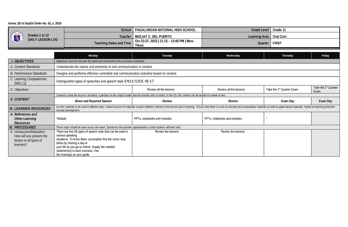 Q1-Last - g11 - Grade 11 DLL - Annex 1B to DepEd Order No. 42, s. 2016 ...