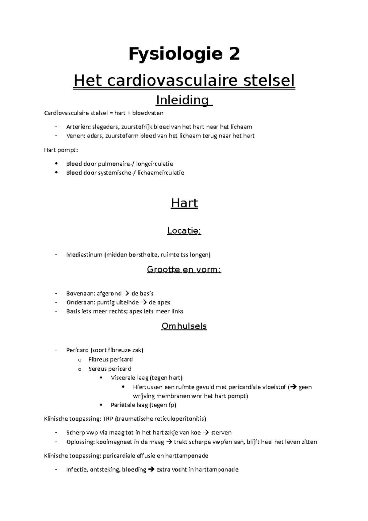 Fysiologie-2 Samenvatting - Fysiologie 2 Het Cardiovasculaire Stelsel ...