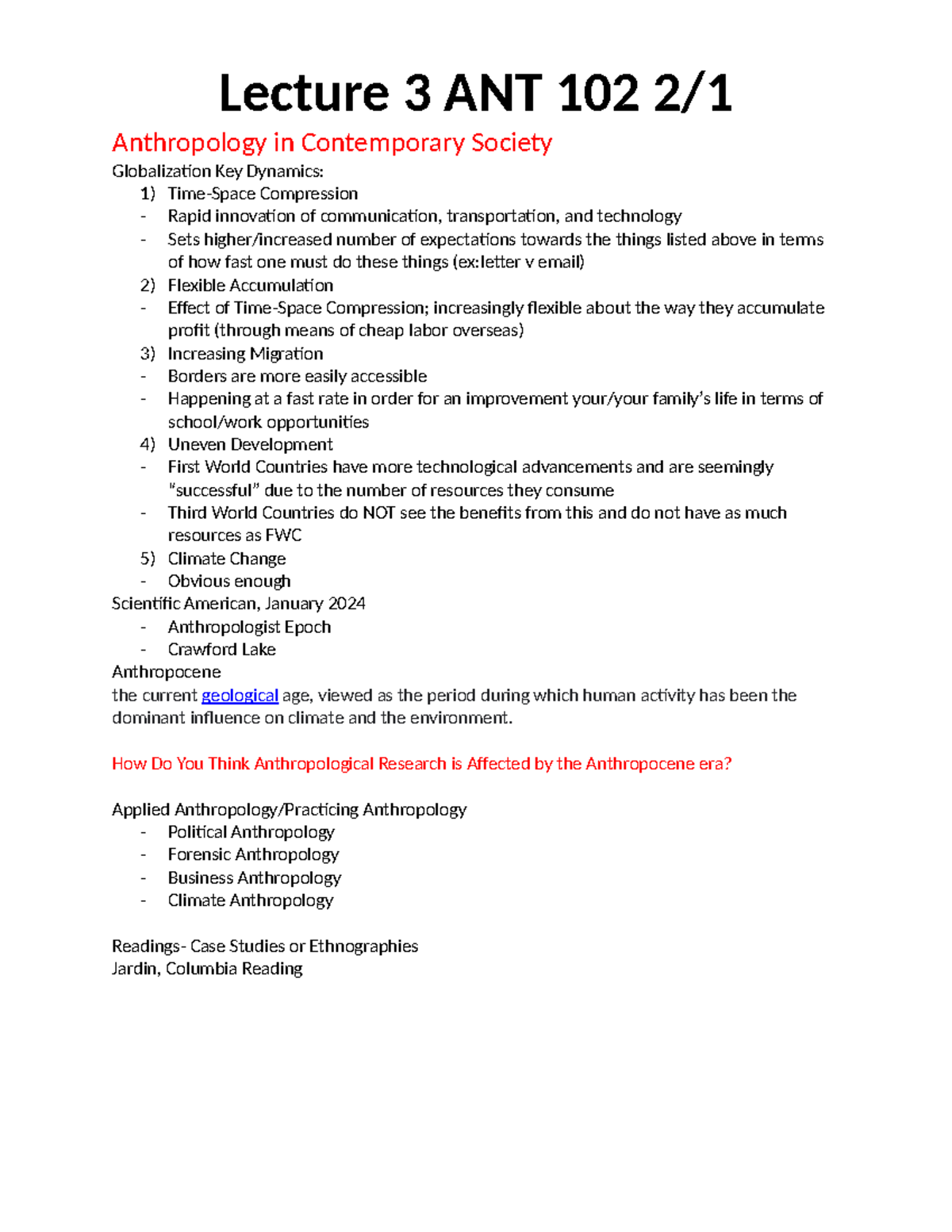 ANT 102 Notes 2:1 - Lecture 3 ANT 102 2/ Anthropology in Contemporary ...