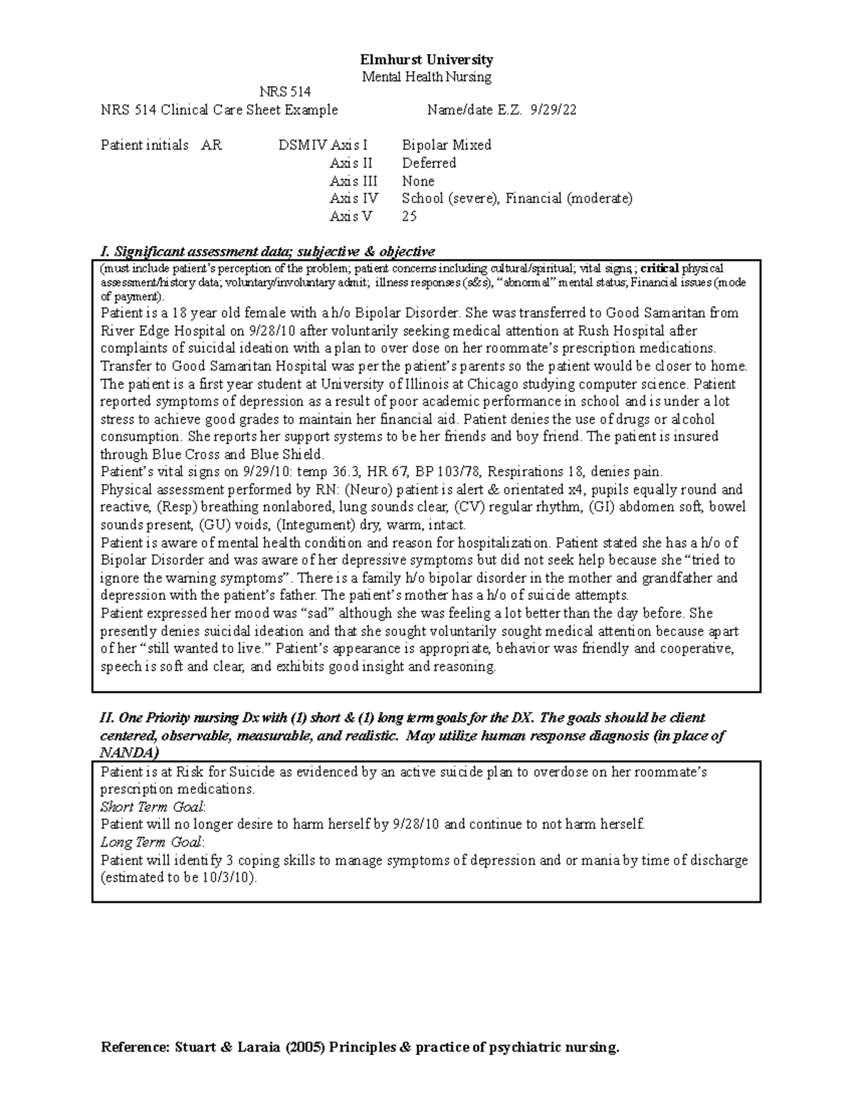514 Clinical Care Sheet Example - 9/29/ Patient initials AR DSMIV Axis ...