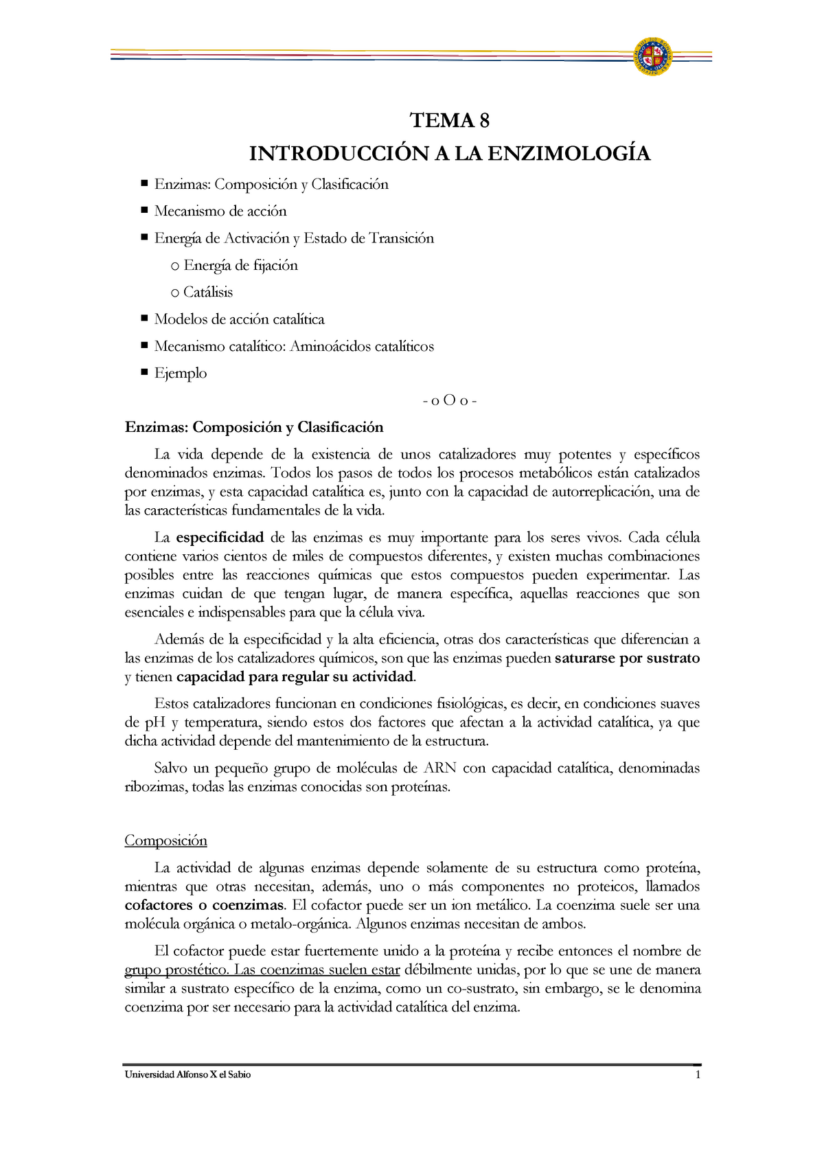 T8 Enzimología - Apuntes 8 - Universidad Alfonso X El Sabio TEMA 8 ...