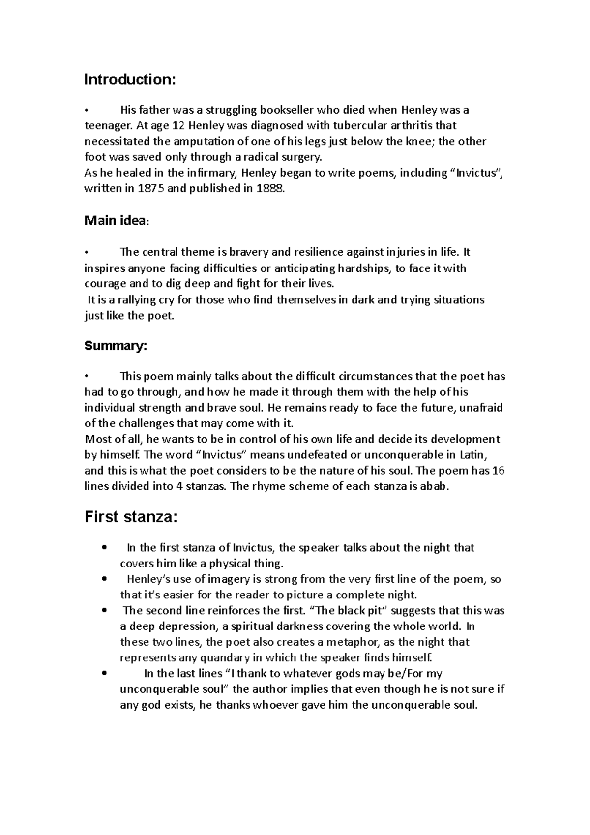 ING ORAL -Invictus - oral work - Introduction: His father was a ...