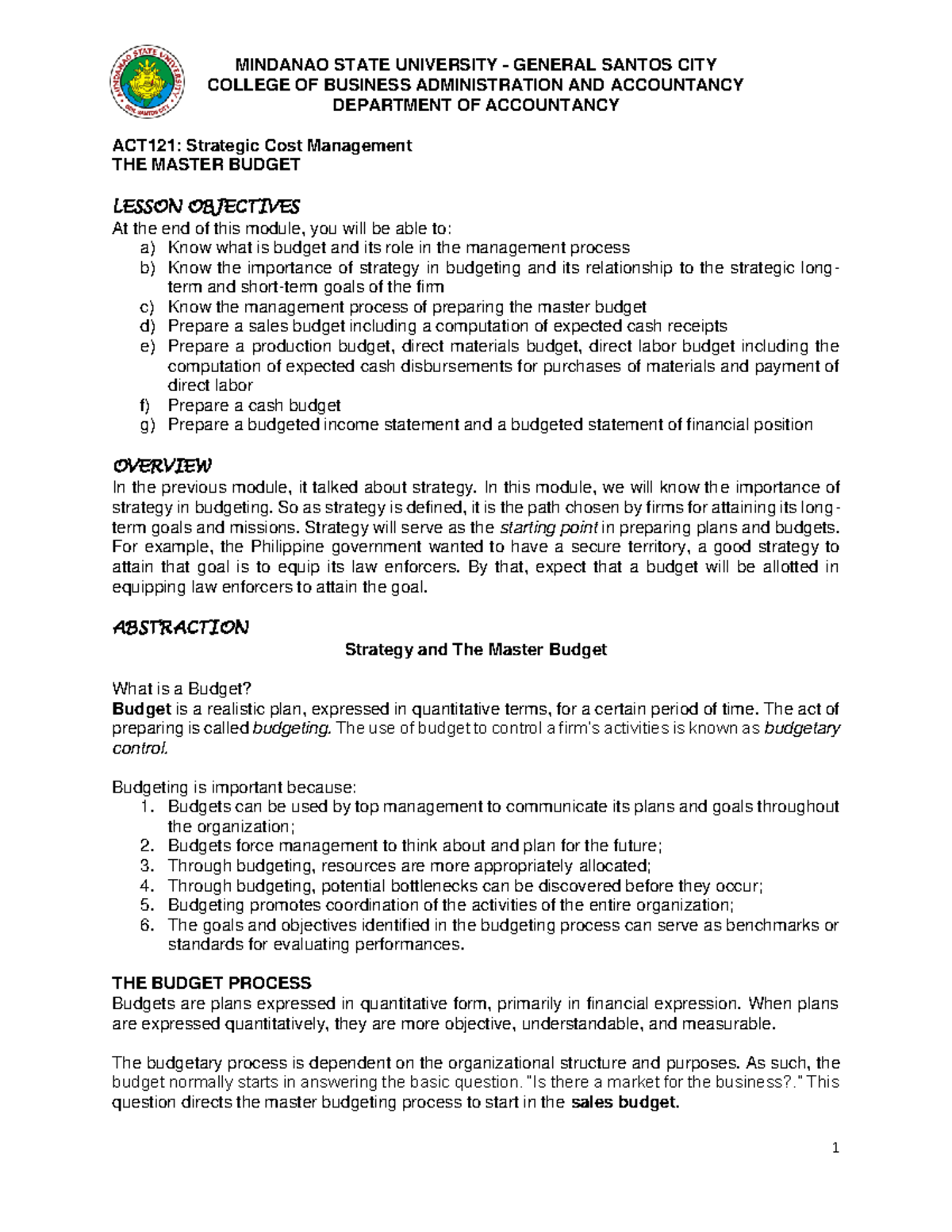 The Master Budget - Warning: TT: undefined function: 32 COLLEGE OF ...