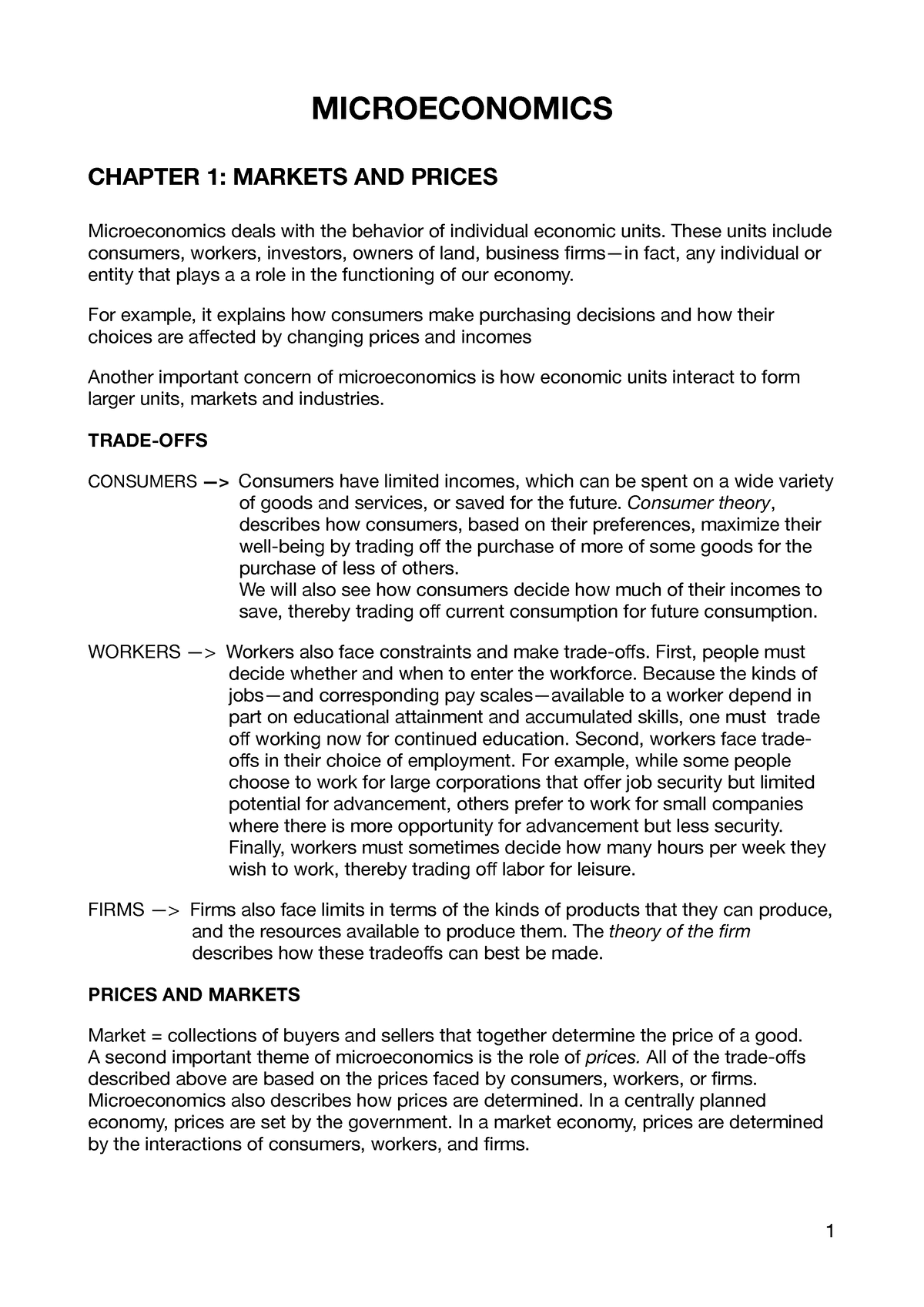 Microeconomics - MICROECONOMICS CHAPTER 1: MARKETS AND PRICES ...