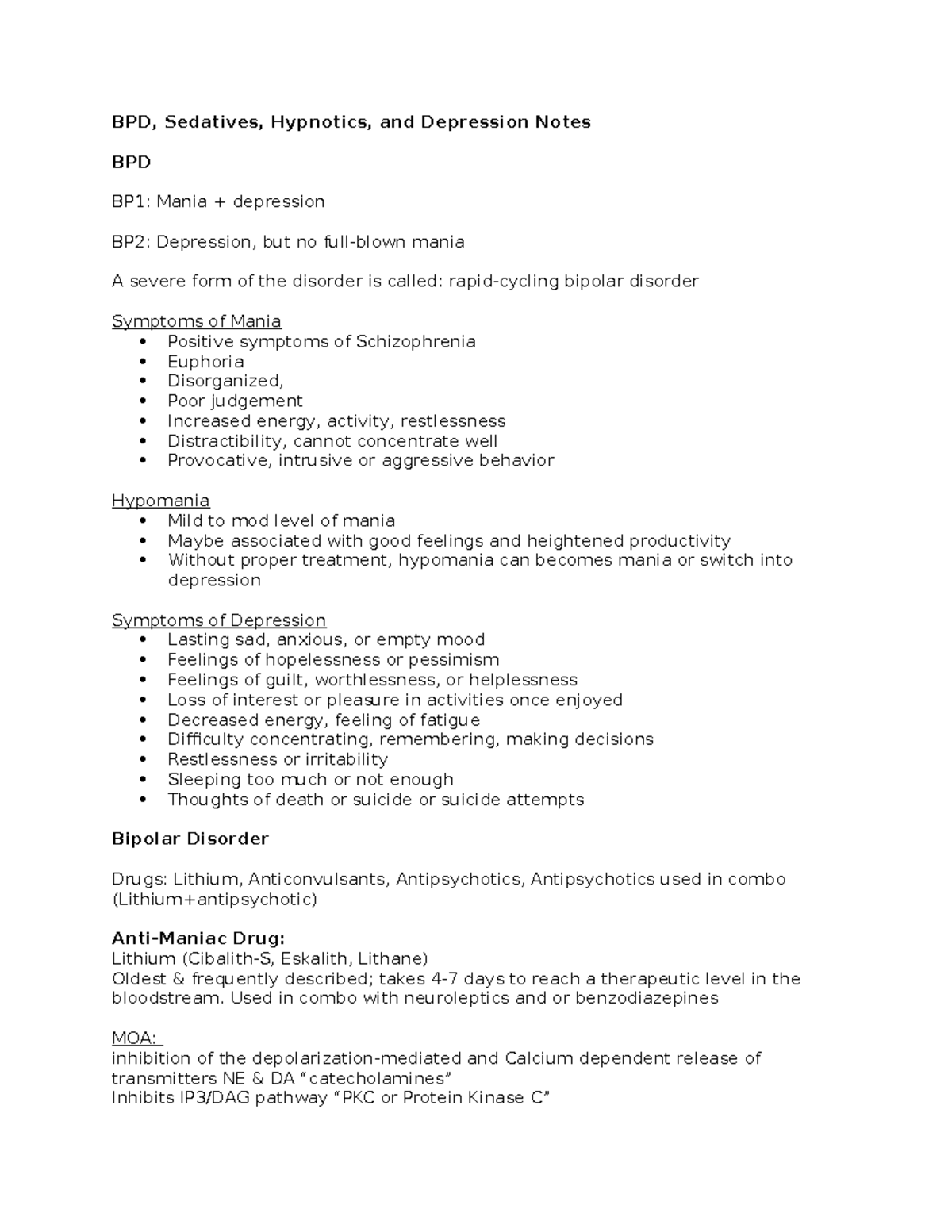BPD, Sedatives, Hypnotics, and Depression Notes - Used in combo with ...