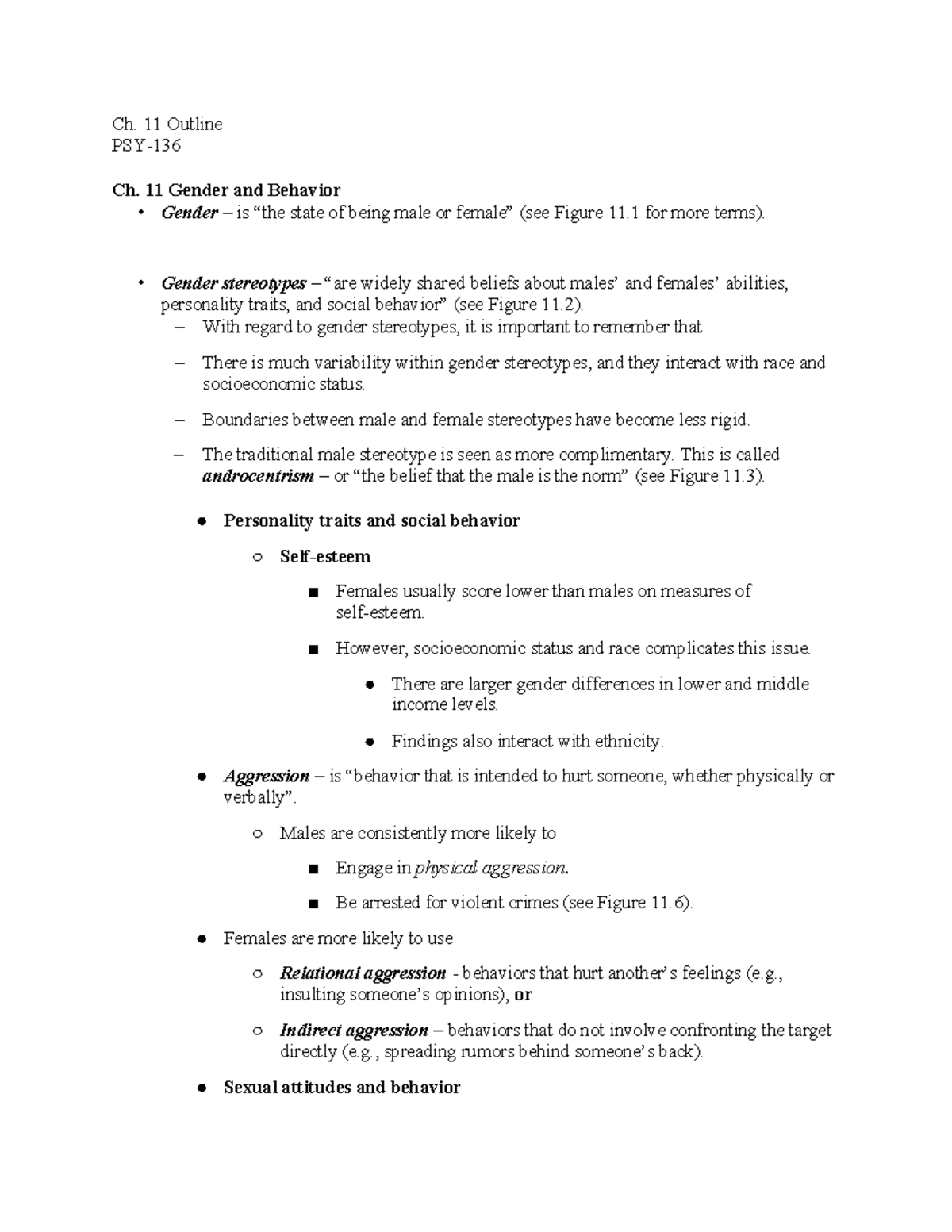 PSY Class Notes Ch. 11 - Test 3 Chapter 11: Gender and Behavior - Ch ...