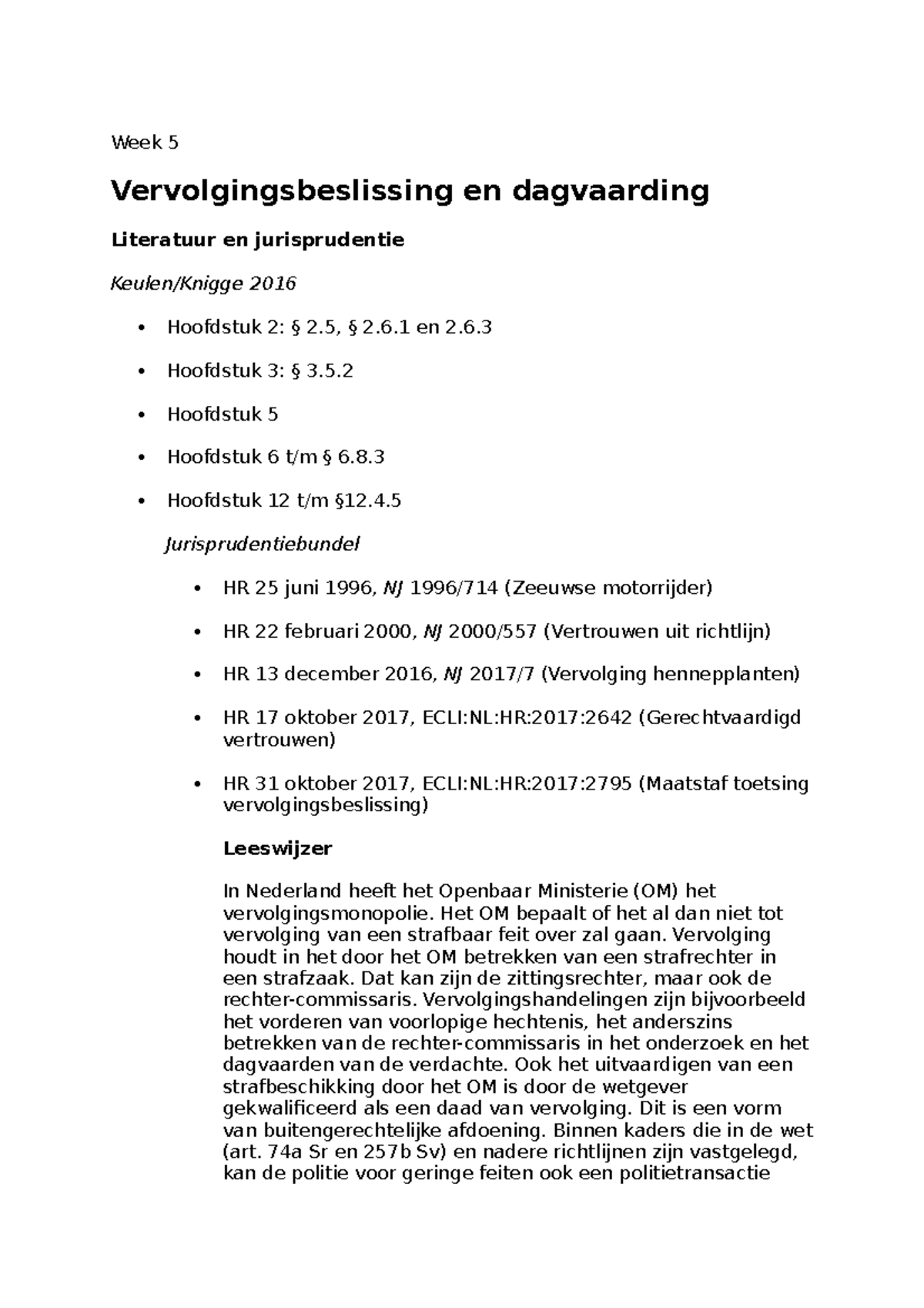 WG Strafprocesrecht Week 5 - Week 5 Vervolgingsbeslissing En ...