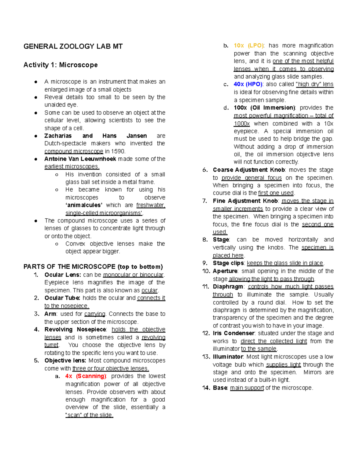 General Zoology GENERAL ZOOLOGY LAB MT Activity 1 Microscope A