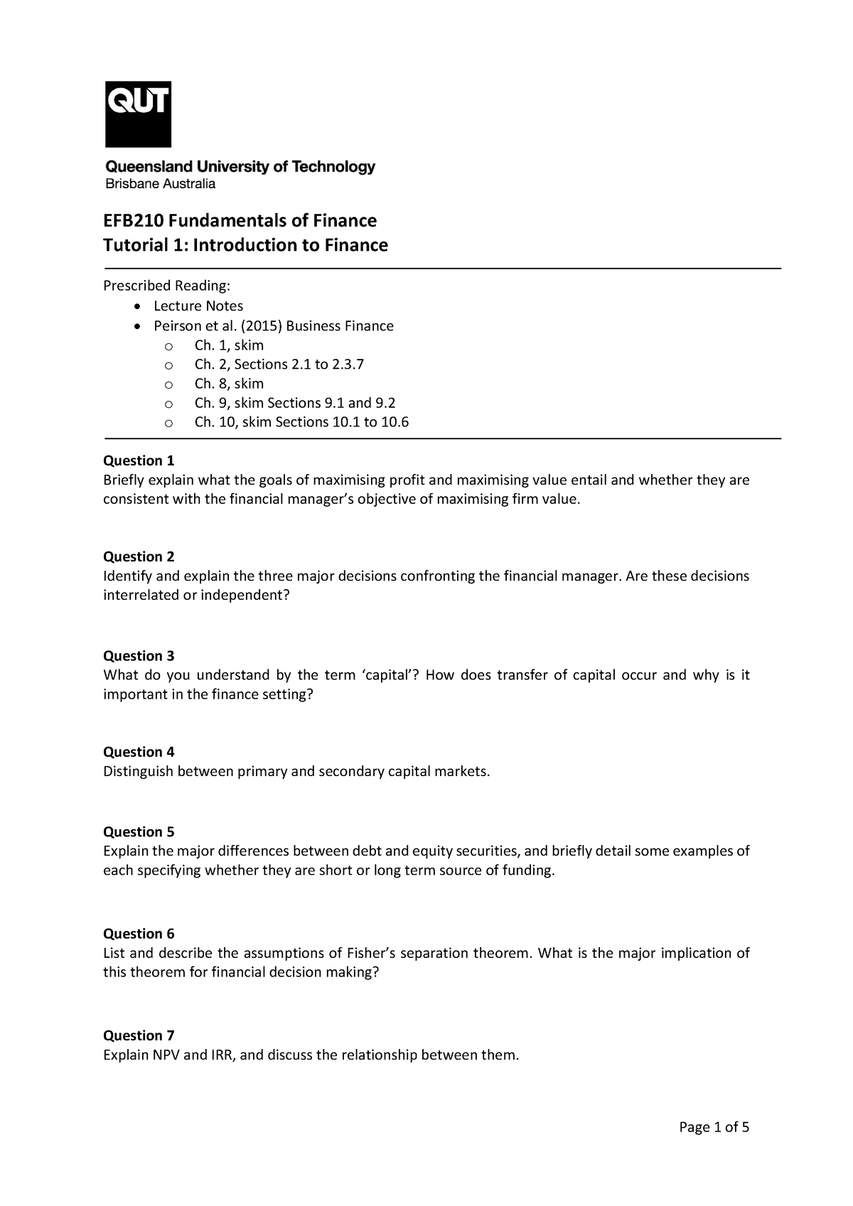 EFB210 Tutorial 1 Questions - EFB210 Fundamentals Of Finance Tutorial 1 ...