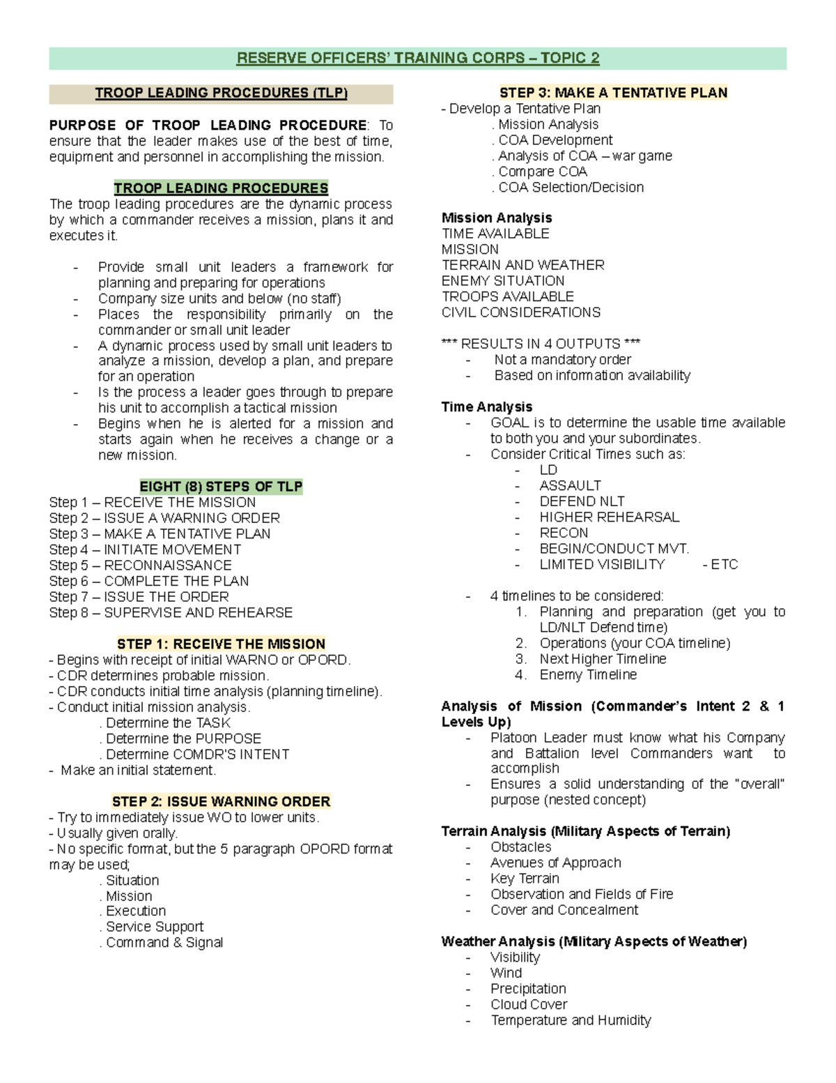 Troop Leading Procedures - RESERVE OFFICERS’ TRAINING CORPS – TOPIC 2 ...