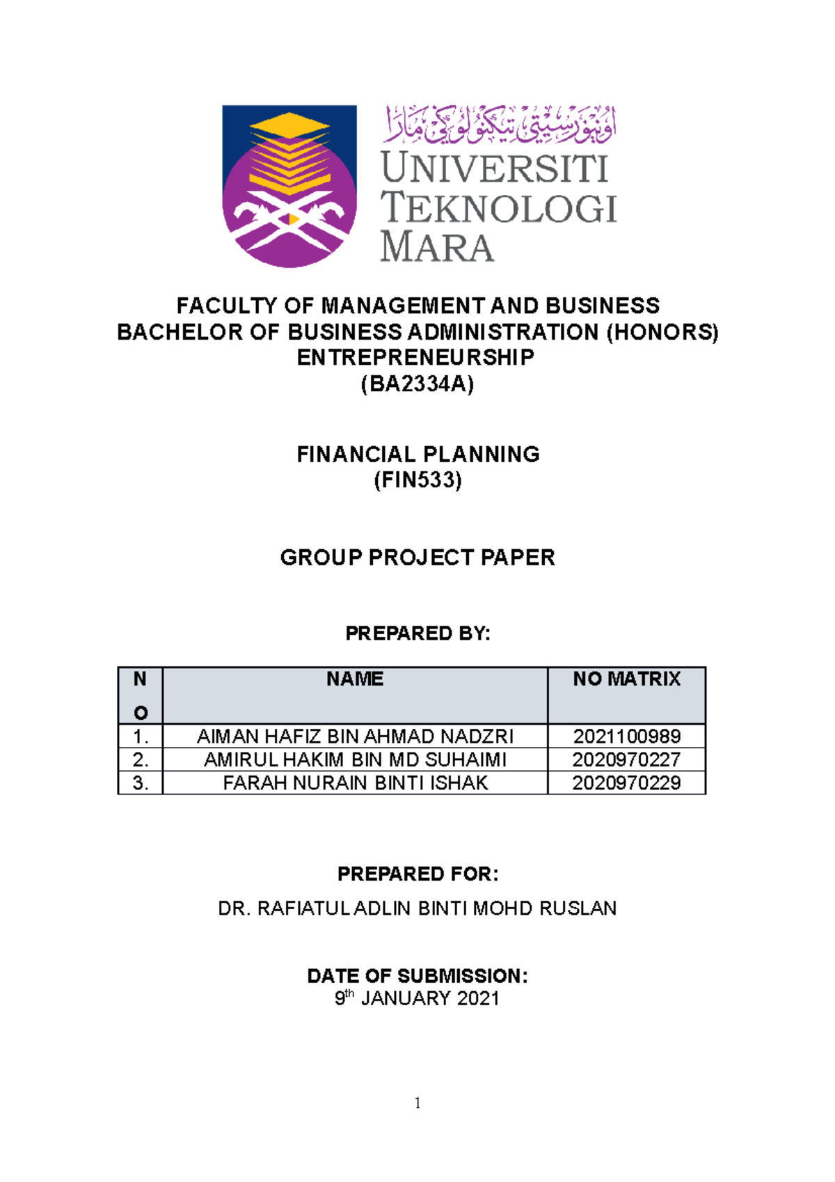 GPP FIN533 - FACULTY OF MANAGEMENT AND BUSINESS BACHELOR OF BUSINESS ...