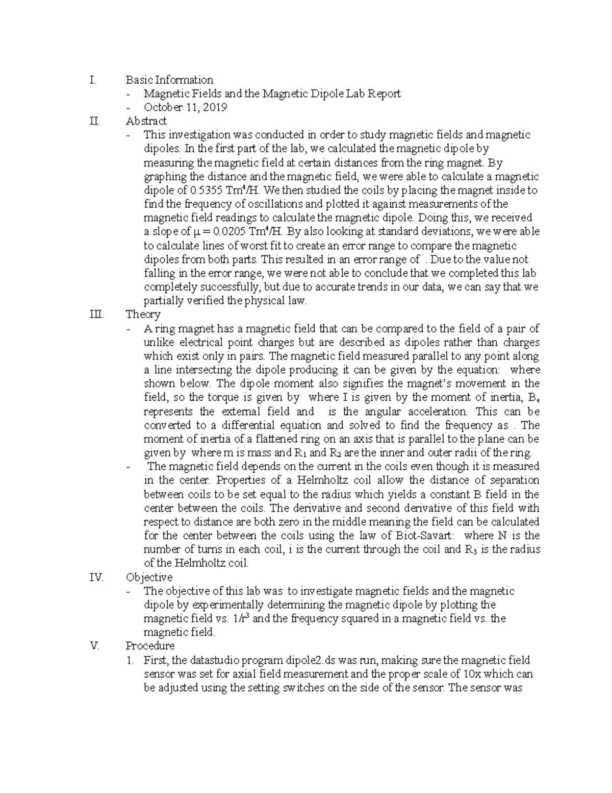 Fields and the Dipole Lab Report I. Basic