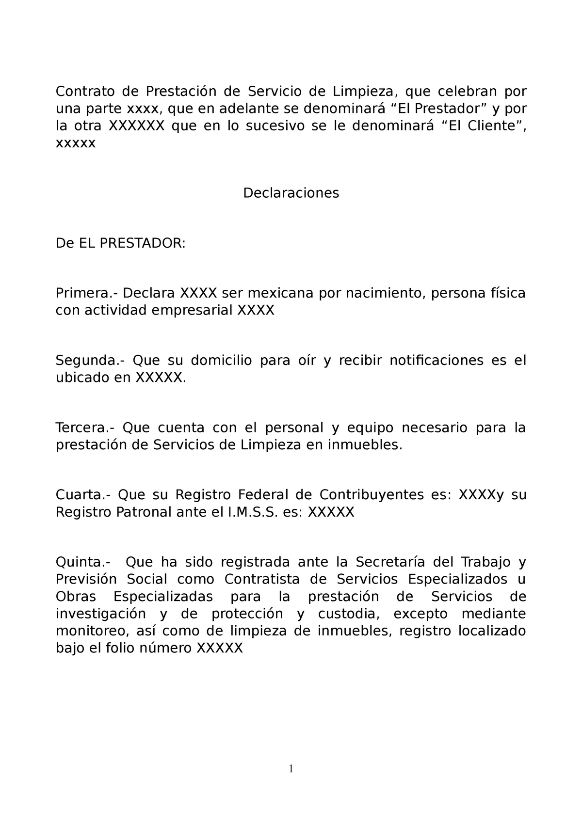 Contrato Limpieza Generico Contrato De Prestación De Servicio De Limpieza Que Celebran Por 8674