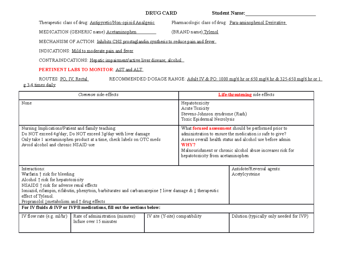 Acetaminophen Drug Card FOR EXAMS DRUG CARD Student Name