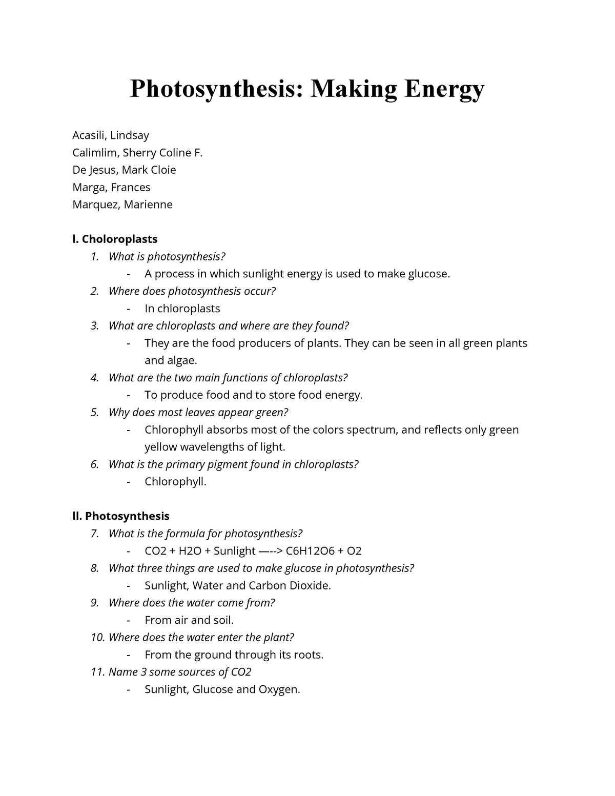 photosynthesis extra credit assignment