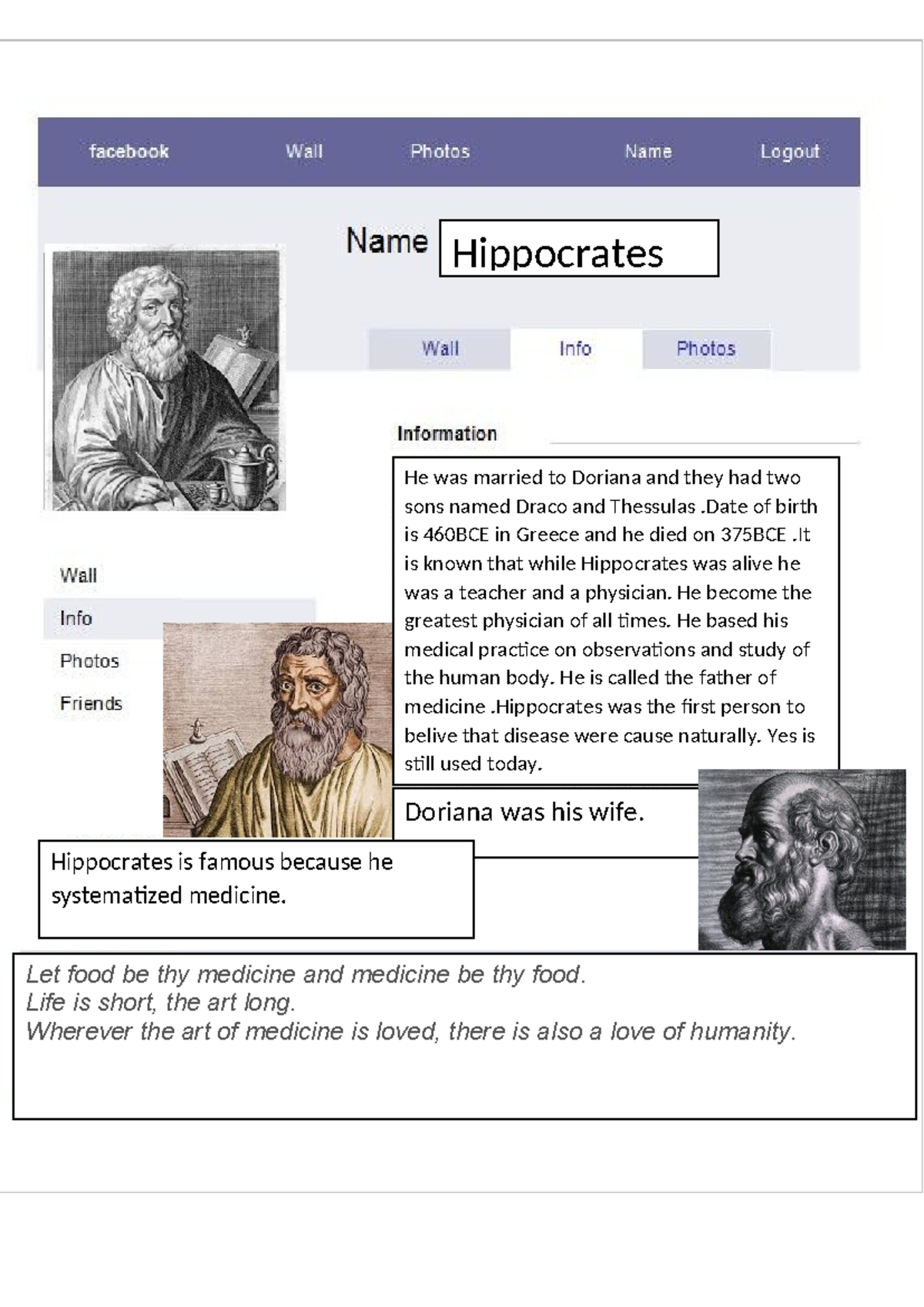 Hippocrates - i need the notes - Hippocrates Doriana was his wife. He ...