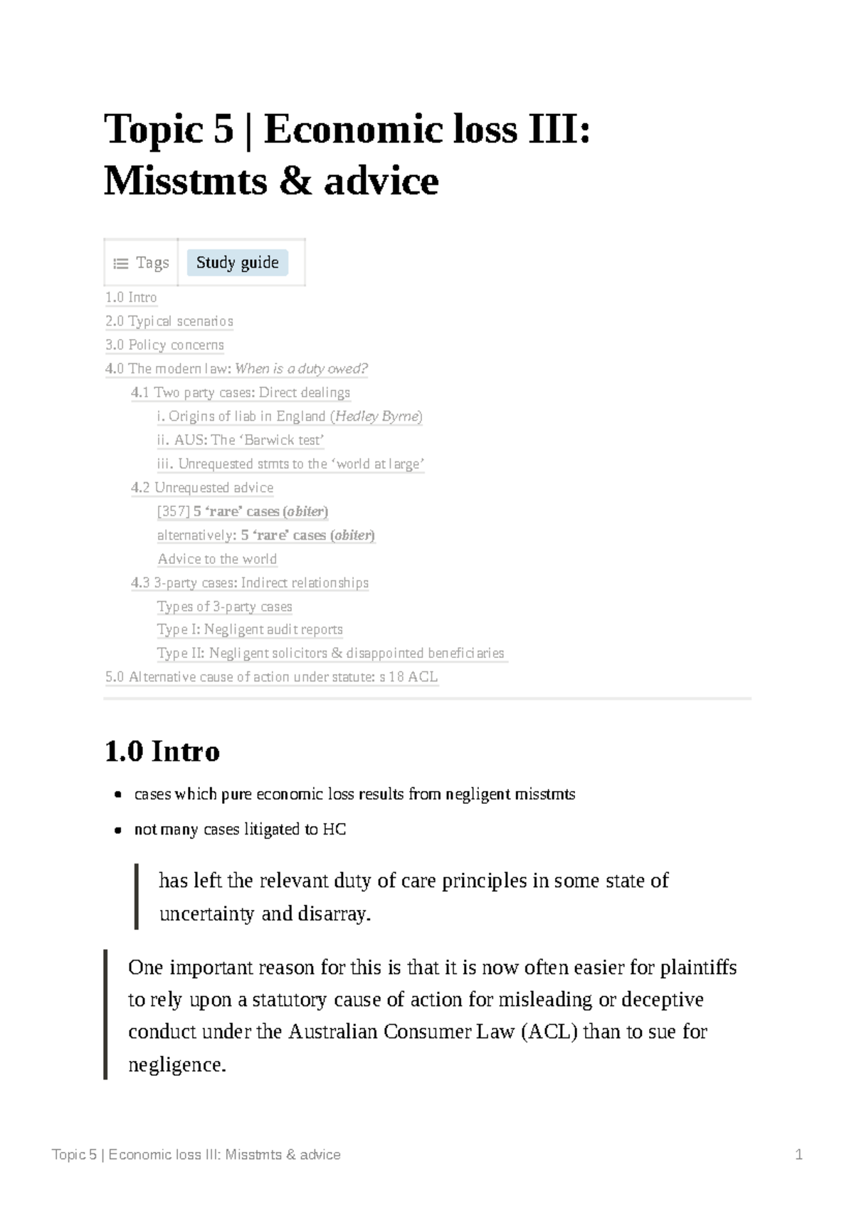 2703 week 5 laws2703 week 5 summary Topic 5 Economic loss III