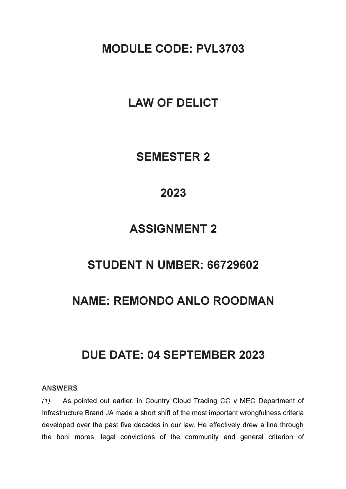 PVL3703 Assignment 2 Submit - MODULE CODE: PVL LAW OF DELICT SEMESTER 2 ...