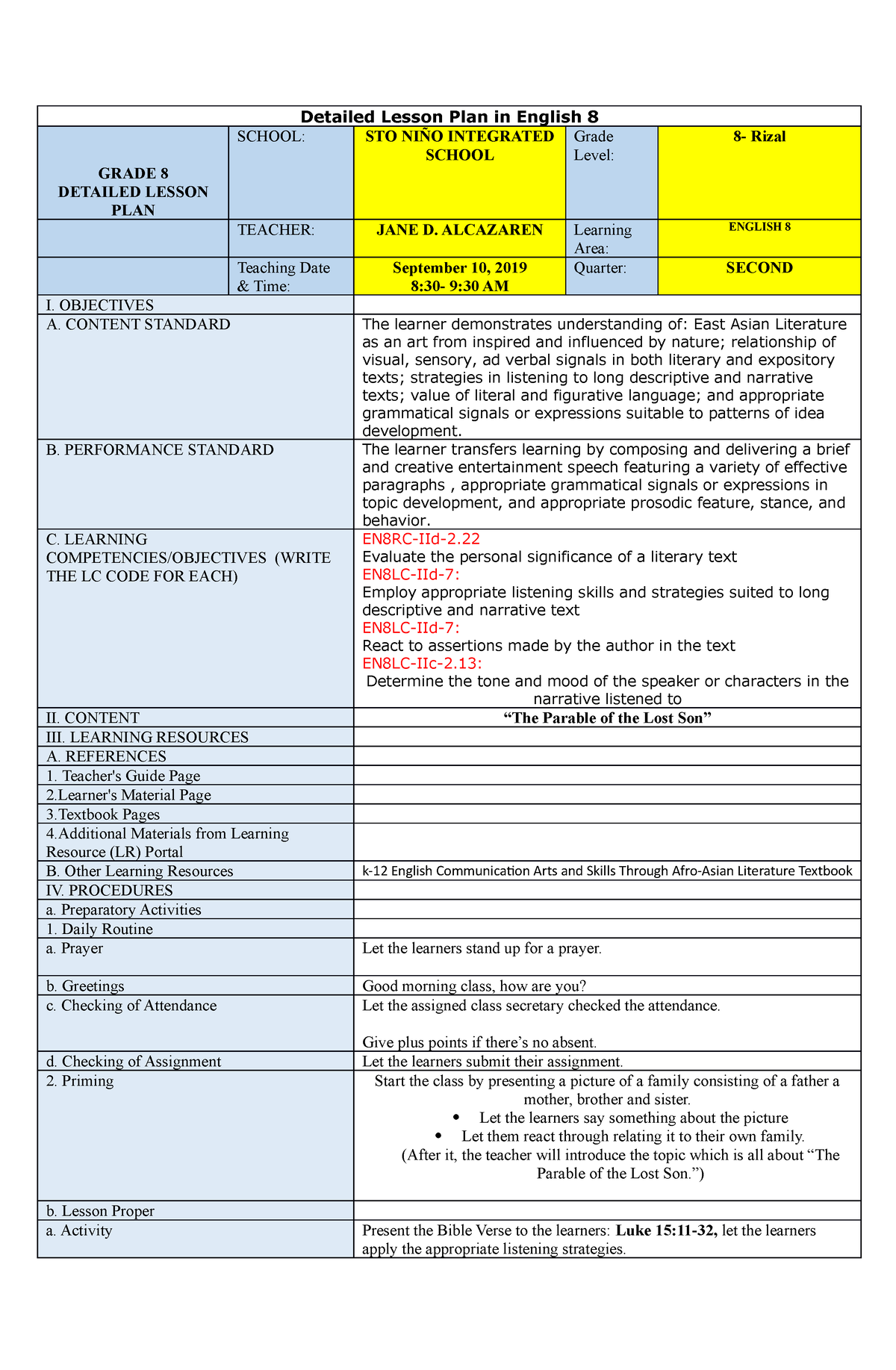 Grade 8 English Lesson Plan Detailed Lesson Plan In English 8 GRADE 8 