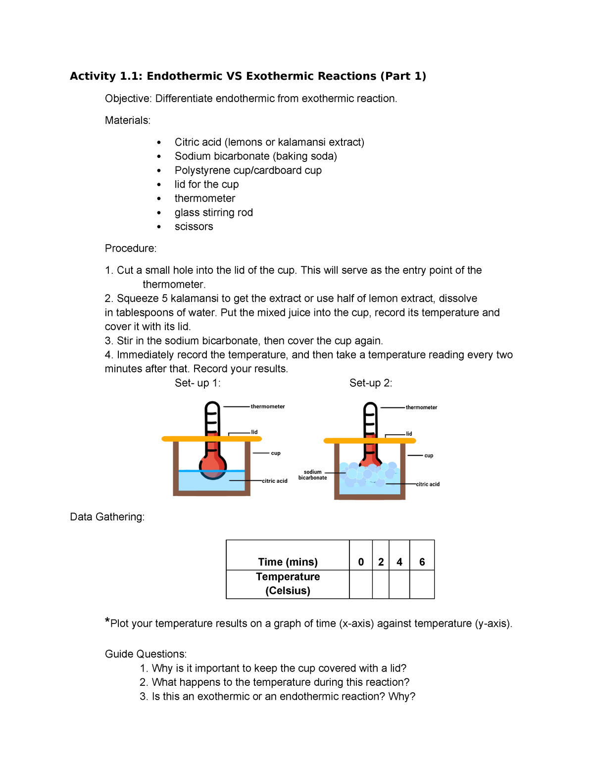 Adv. Chem Activity: Exothermic and Endothermic Reactions - Activity 1 ...