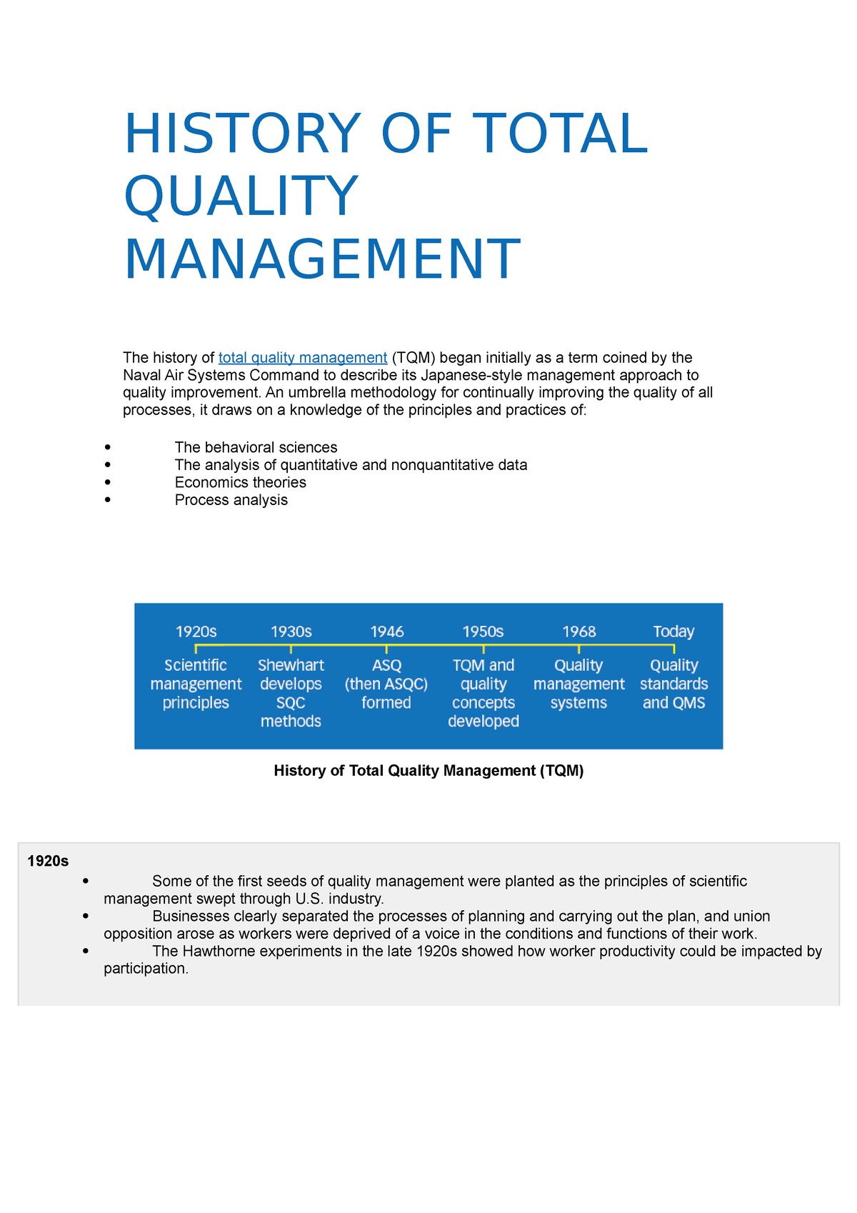 History OF Total Quality Management - HISTORY OF TOTAL QUALITY ...