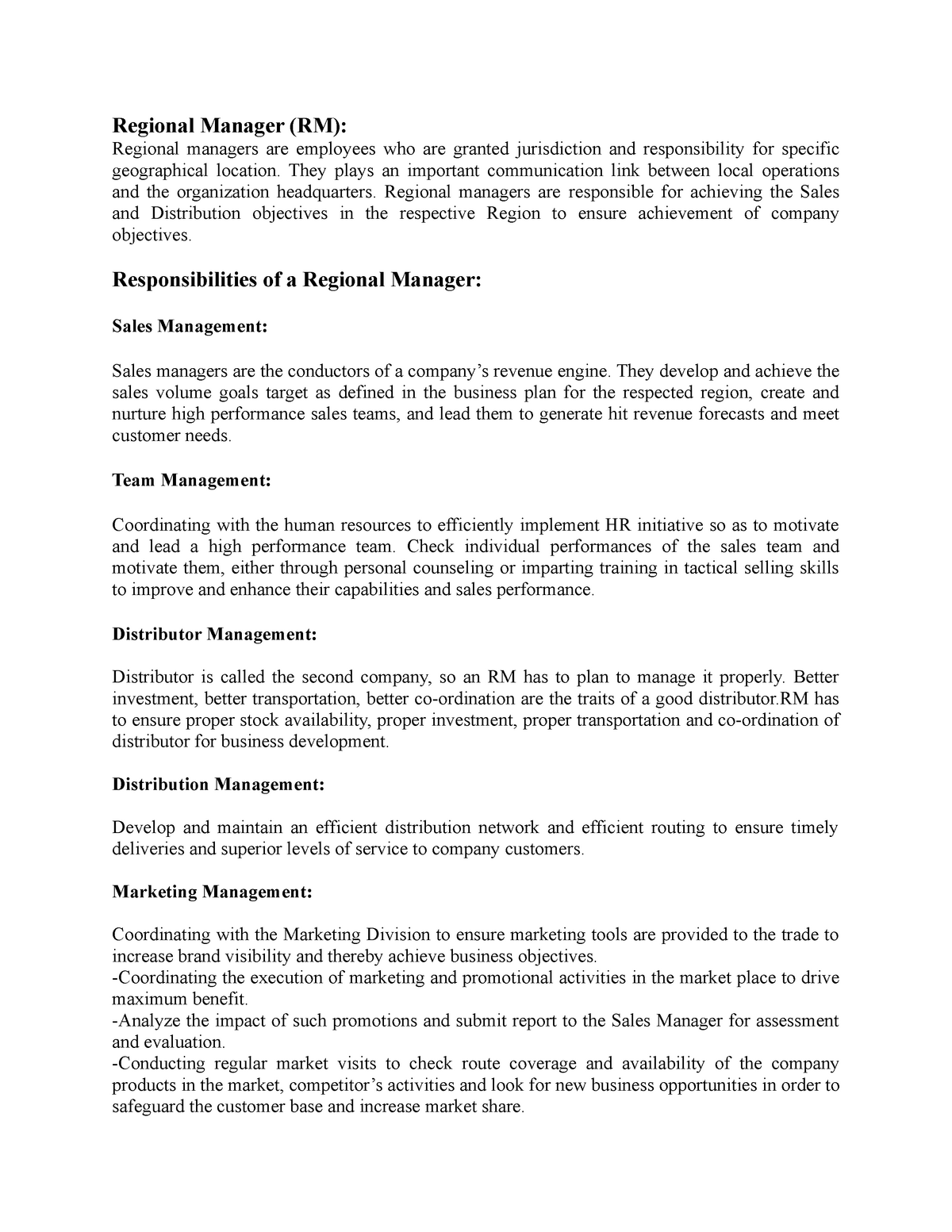 Regional Managers responsibilities and strategies for leading and sales