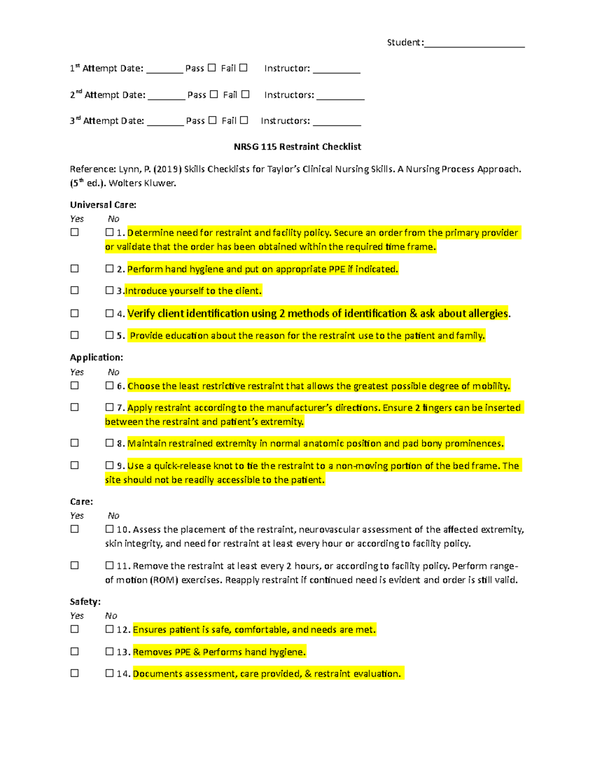 Restraint Checklist - Student:___________________ 1 st Attempt Date ...