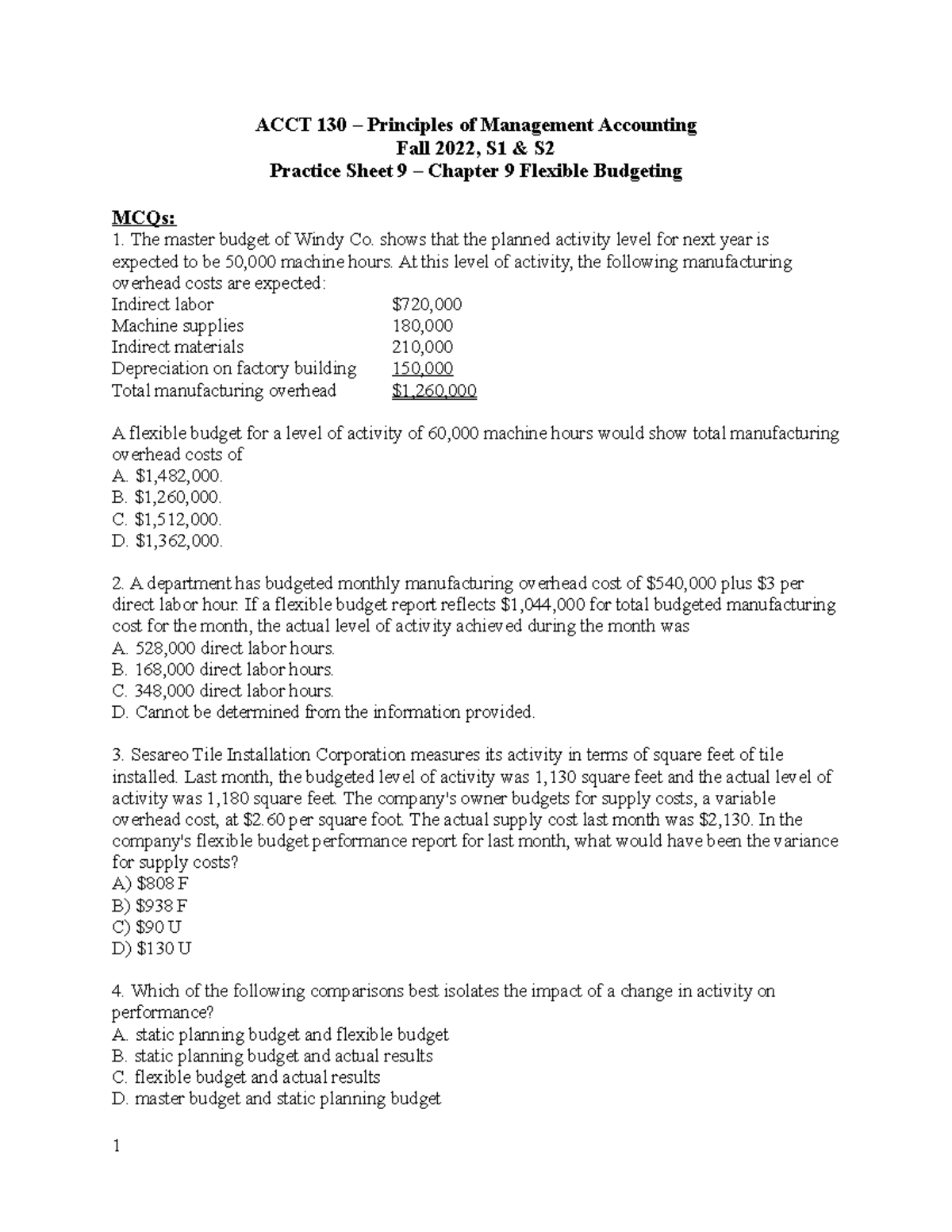 Practice Sheet 9 - CH9 Questions - ACCT 130 – Principles of Management ...