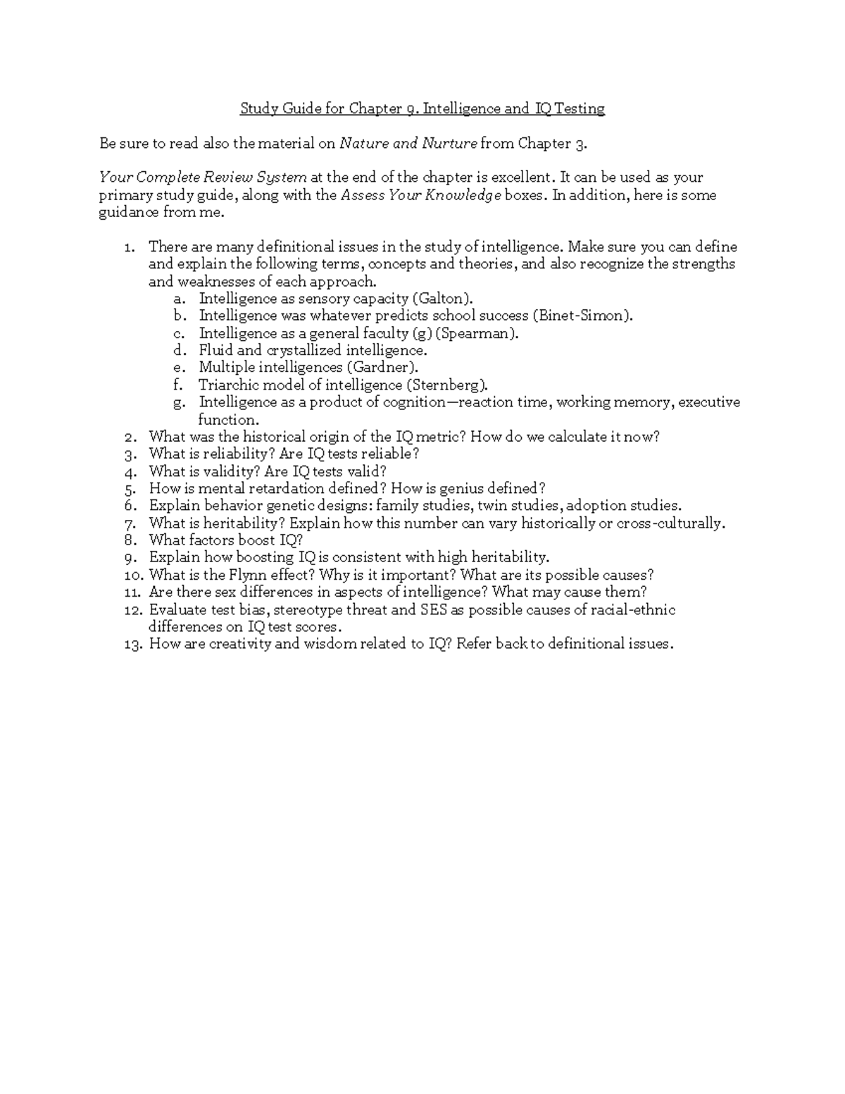 Study Guide for Chapter 9 - Intelligence and IQ Testing Be sure to read ...