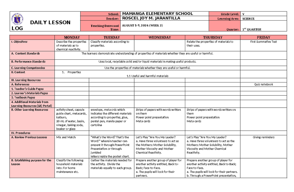 DLL Science 5 Q1 W2 - Daily Lesson Log - DAILY LESSON LOG School ...