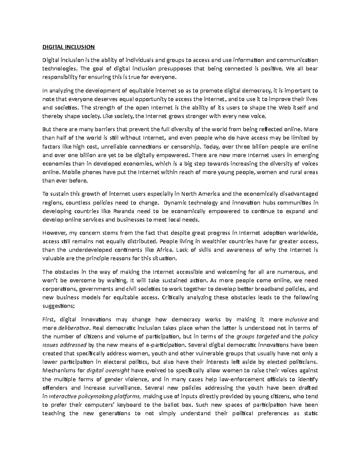 PA 519 Discussion 13 Digital Inclusion DIGITAL INCLUSION Digital
