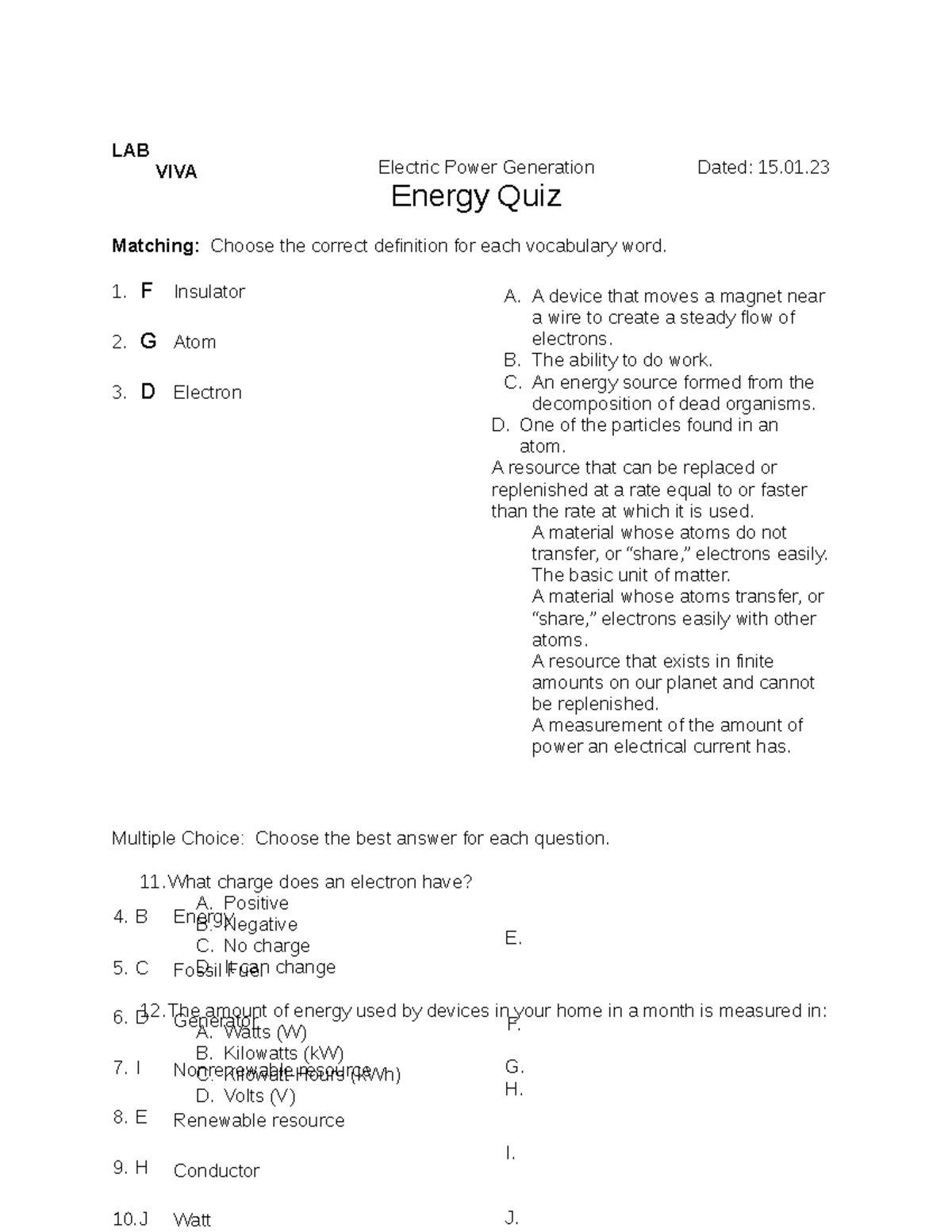 Energy Quiz Key 2 course chapter LAB VIVA Electric Power Generation
