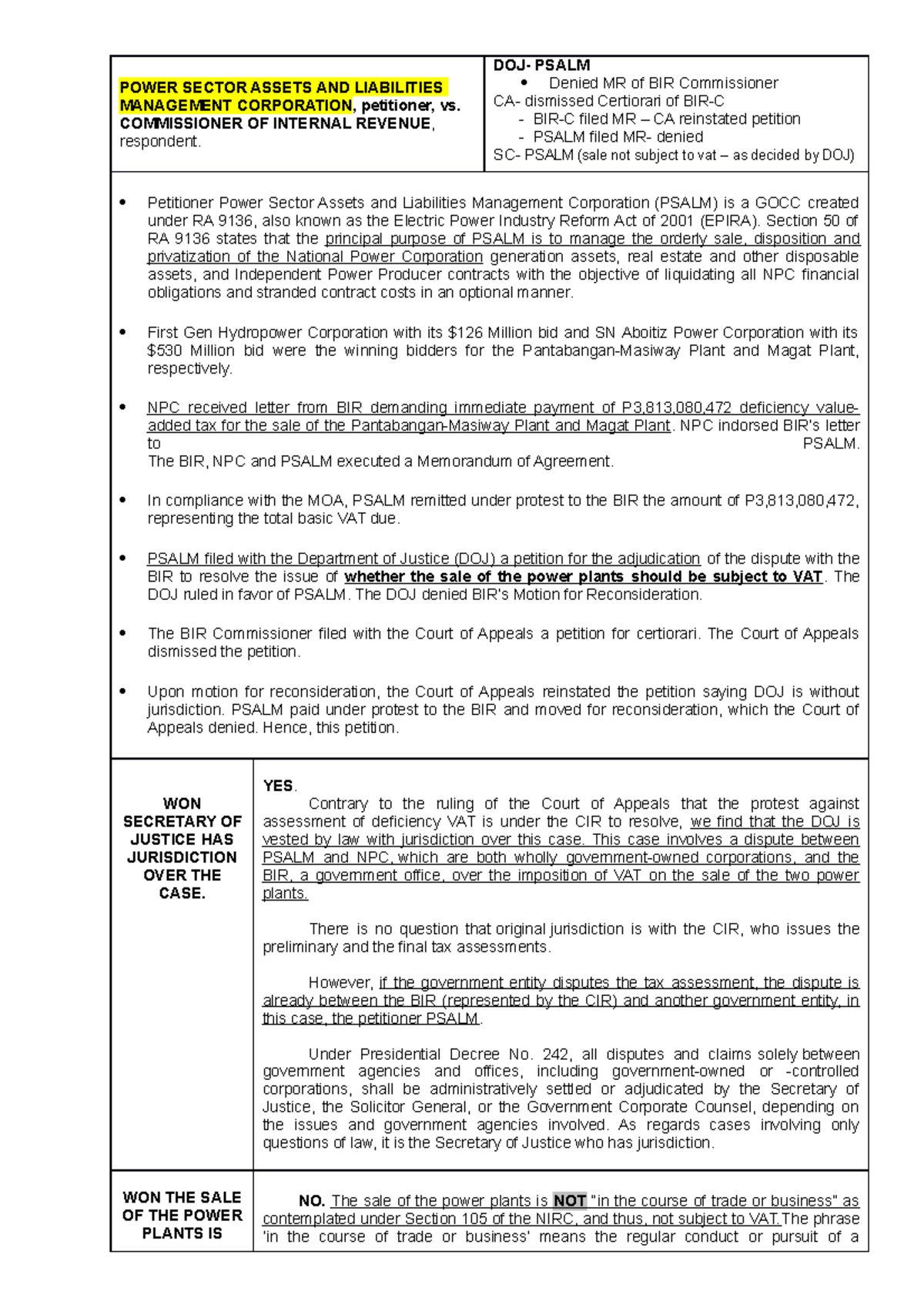 TAX 2 Case 1 Digest taxation law POWER SECTOR ASSETS AND LIABILITIES