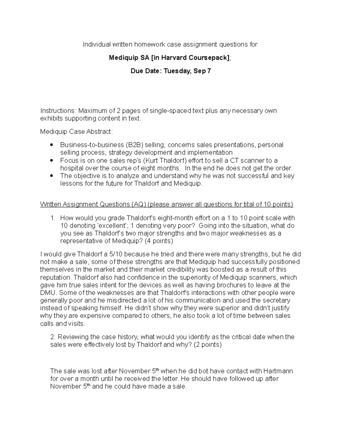 Mediquip Qs Individual written homework case assignment questions for