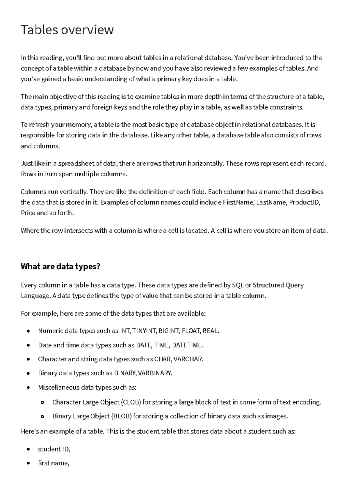 Tables overview Coursera - Tables overview In this reading, you’ll find ...