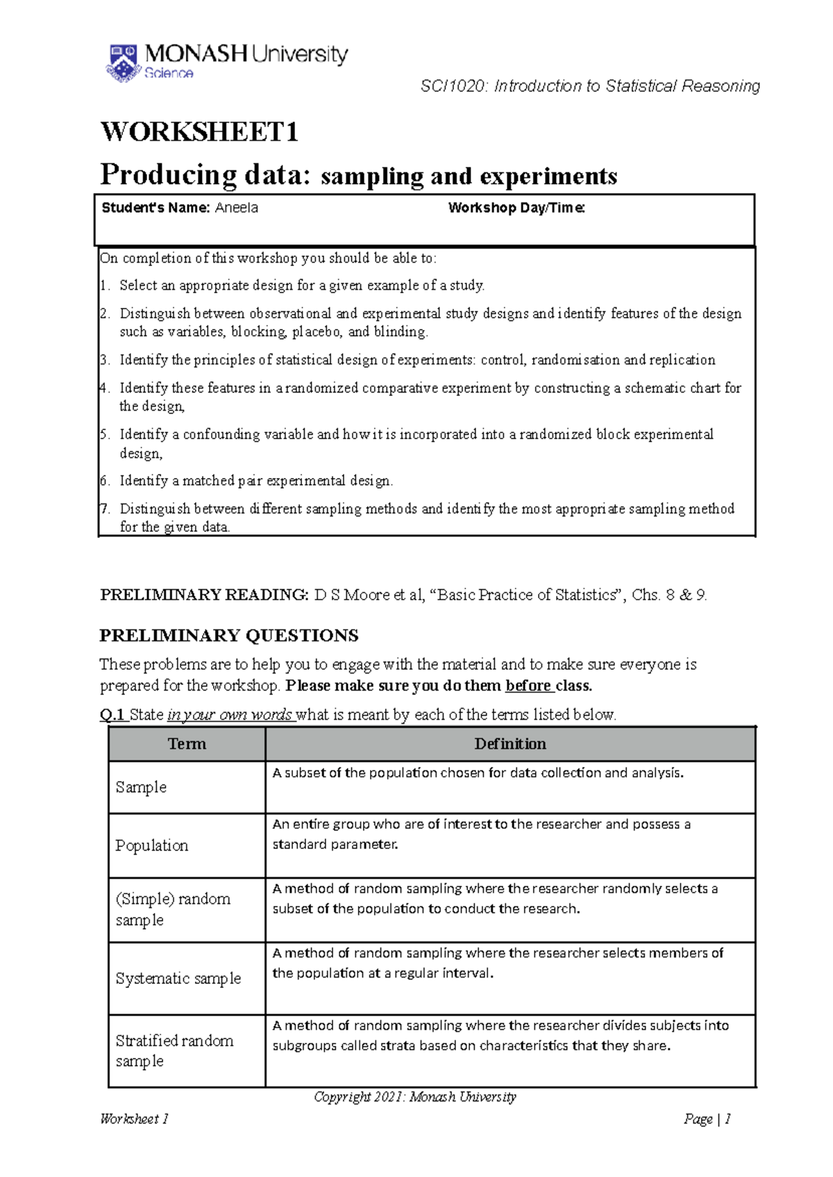 SCI1020 Worksheet 1 - SCI1020: Introduction to Statistical Reasoning ...