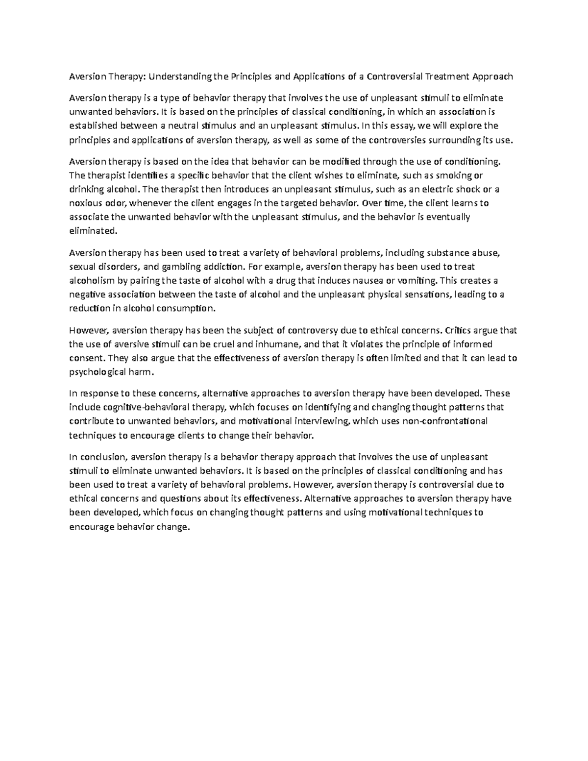 Aversion Therapy - It is based on the principles of classical ...