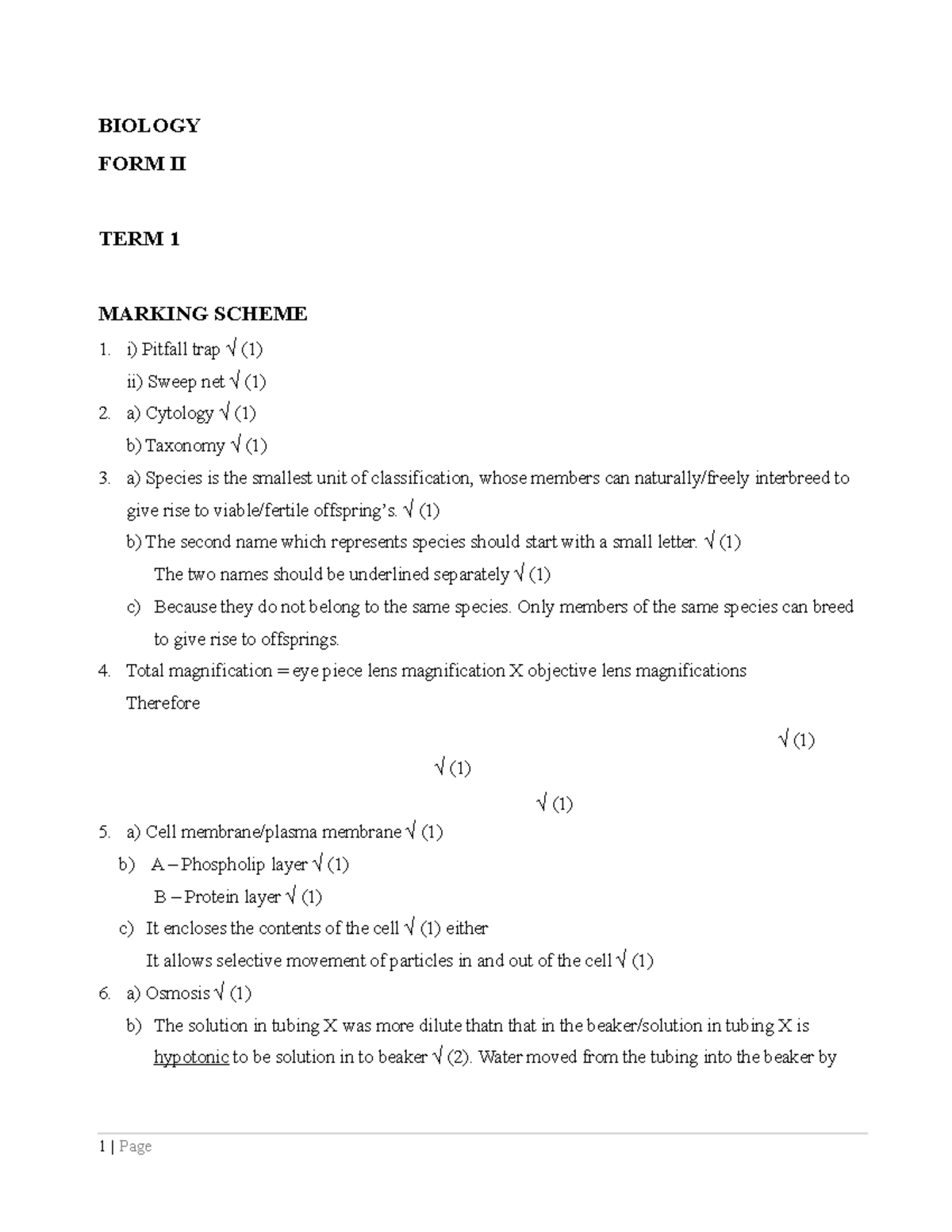 Biology FORM II Marking Scheme - BIOLOGY FORM II TERM 1 MARKING SCHEME ...